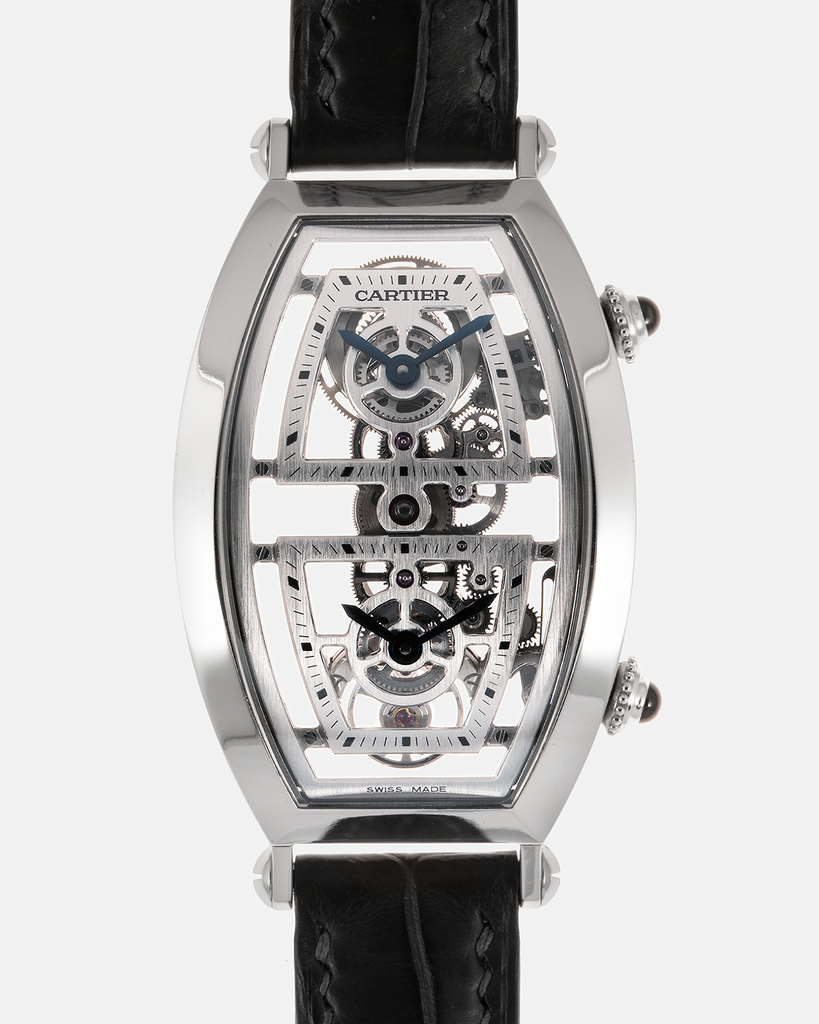 Cartier Prive Tonneau Skeleton Dual Time Platinum Watch S.Song Vintage Timepieces S.Song Watches