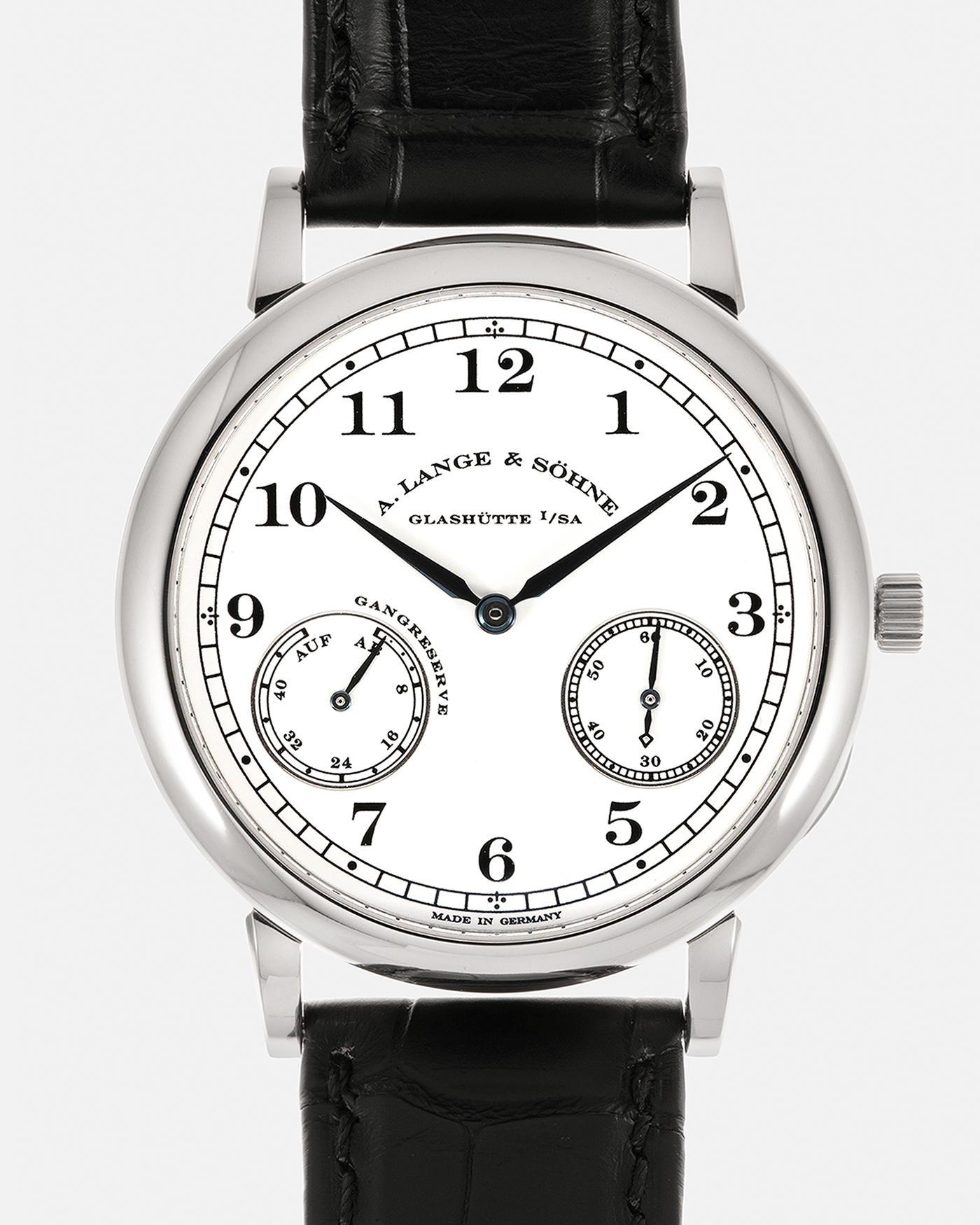 Year: 2009 Model: 1815 Up & Down ‘Walter Lange’, Limited to 50 Pieces in White Gold Reference Number: 223.026 Material: 18-carat White Gold Movement: Cal. L942.1, Manual-Winding Case Dimensions: 37.5mm x 9mm Lug Width: 19mm Strap: A. Lange & Söhne Black Alligator Strap with Signed Platinum Tang Buckle