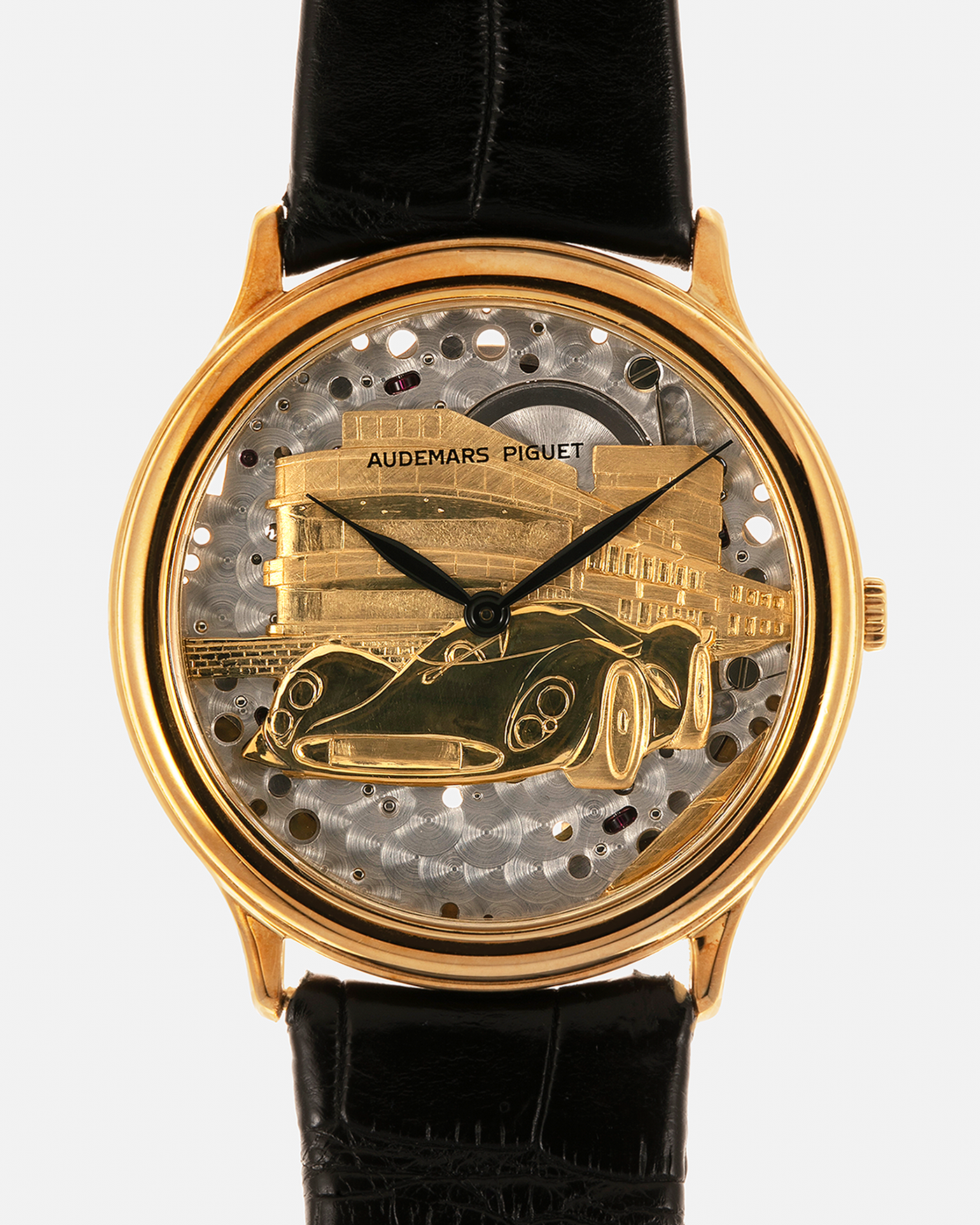 This Audemars Piguet Ref. 14677BA Skeletonized Le Mans Ferrari 330 P4 is in excellent overall condition. 
There are some very slight signs of wear and oxidation throughout the case and the tang buckle, which is normal for a watch of this age. The hallmarks and engravings on the case are sharp and legible. 
It comes as a watch only and is in full working order.