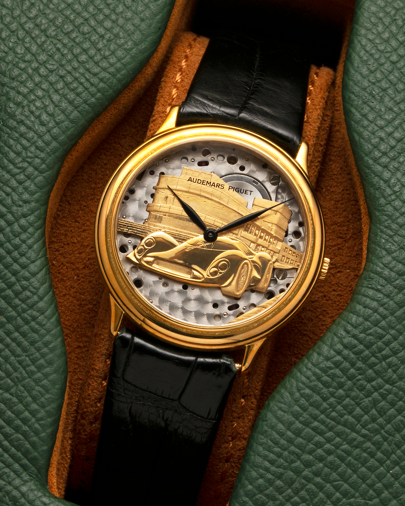 This Audemars Piguet Ref. 14677BA Skeletonized Le Mans Ferrari 330 P4 is in excellent overall condition. 
There are some very slight signs of wear and oxidation throughout the case and the tang buckle, which is normal for a watch of this age. The hallmarks and engravings on the case are sharp and legible. 
It comes as a watch only and is in full working order.