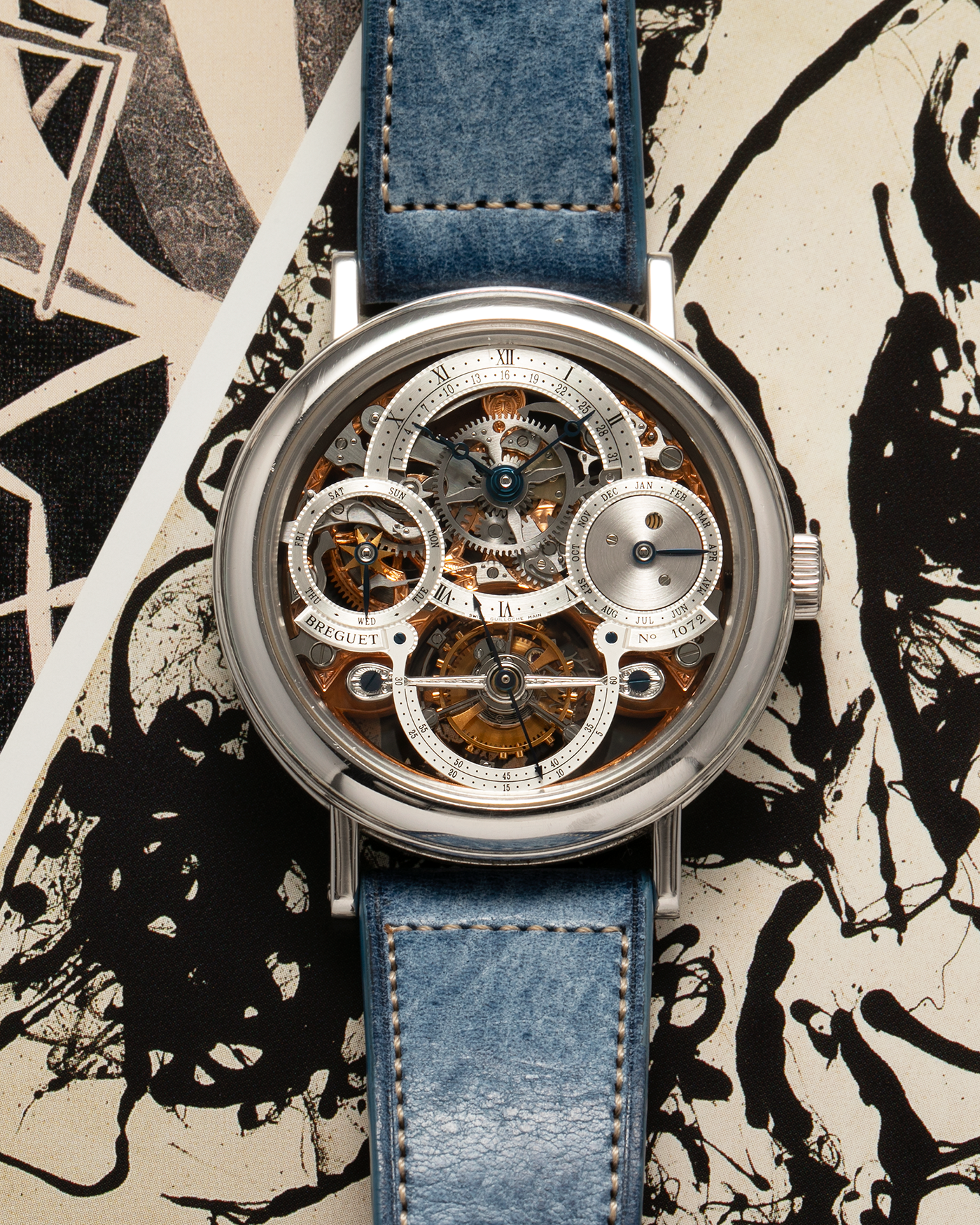 Brand: Breguet Year: 2000s Model: Classique Perpetual Calendar Tourbillon Reference Number: 3755 Material: Platinum 950 Movement: Breguet Cal. 558QPSQ, Manual-Winding Case Diameter: 40mm Lug Width: 20mm Strap: Strapology Denim Blue Calf Leather Strap with Signed Platinum 950 Deployant Buckle