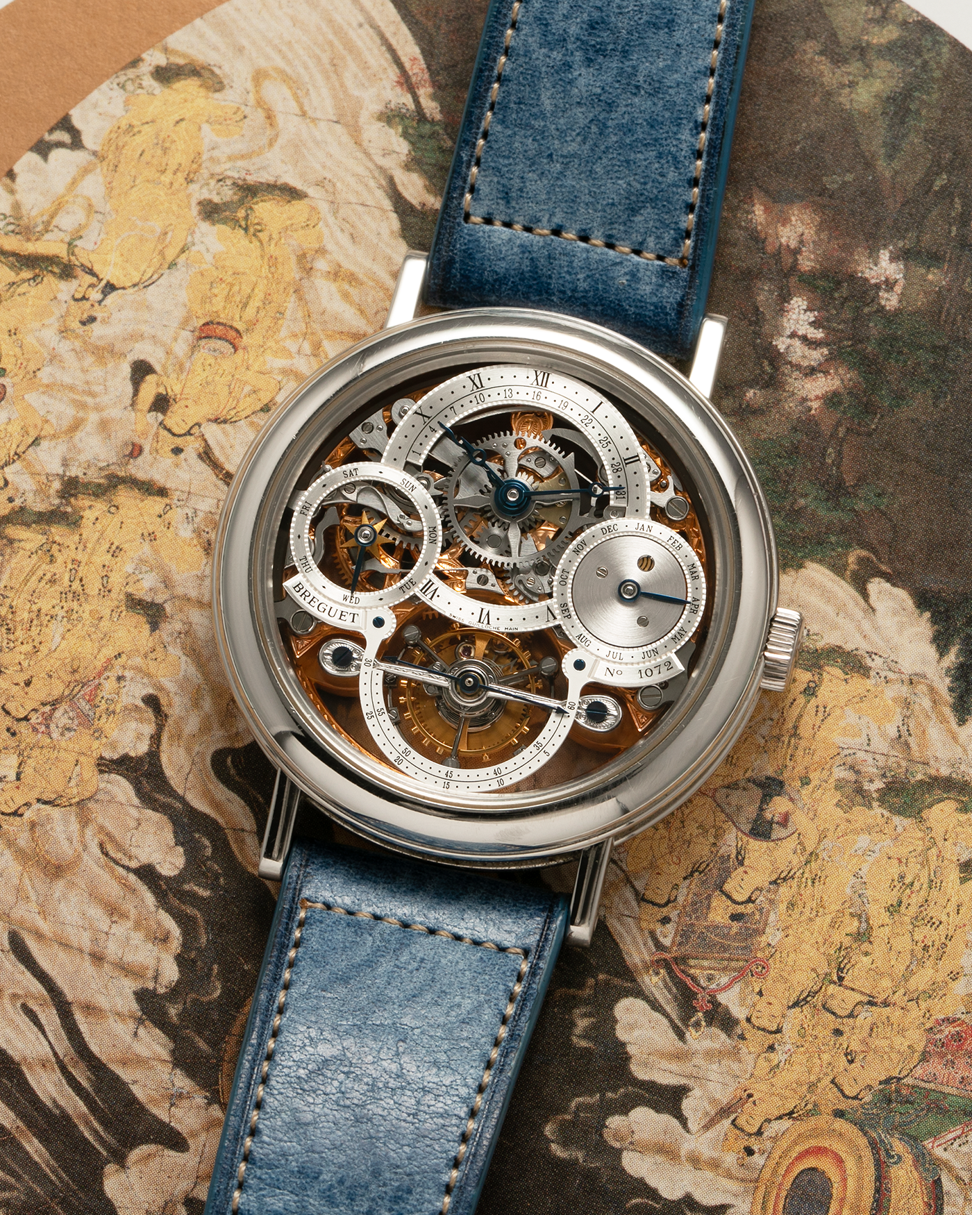 Brand: Breguet Year: 2000s Model: Classique Perpetual Calendar Tourbillon Reference Number: 3755 Material: Platinum 950 Movement: Breguet Cal. 558QPSQ, Manual-Winding Case Diameter: 40mm Lug Width: 20mm Strap: Strapology Denim Blue Calf Leather Strap with Signed Platinum 950 Deployant Buckle