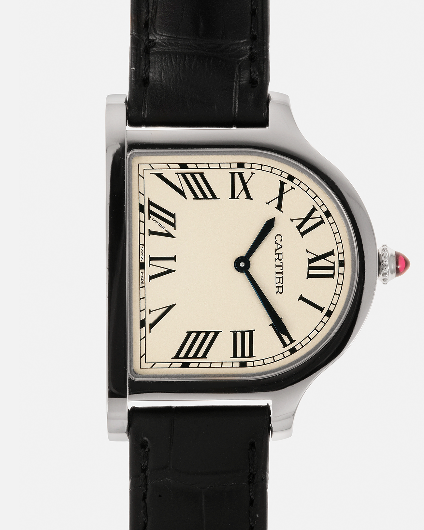 Brand: Cartier
Year: 2021
Model: Cartier Privé Collection Cloche De Cartier, Limited to 100 Pieces
Reference: CRWGCC0004 / 4338
Material: Platinum 950
Movement: Cartier Cal. 1917MC, Manual-Winding
Case Dimensions: 37.15mm x 28.75mm x 6.7mm (Lug-to-Lug 37mm)
Lug Width: 16mm
Strap: Cartier Black Alligator Strap with Signed Platinum 950 Tang Buckle