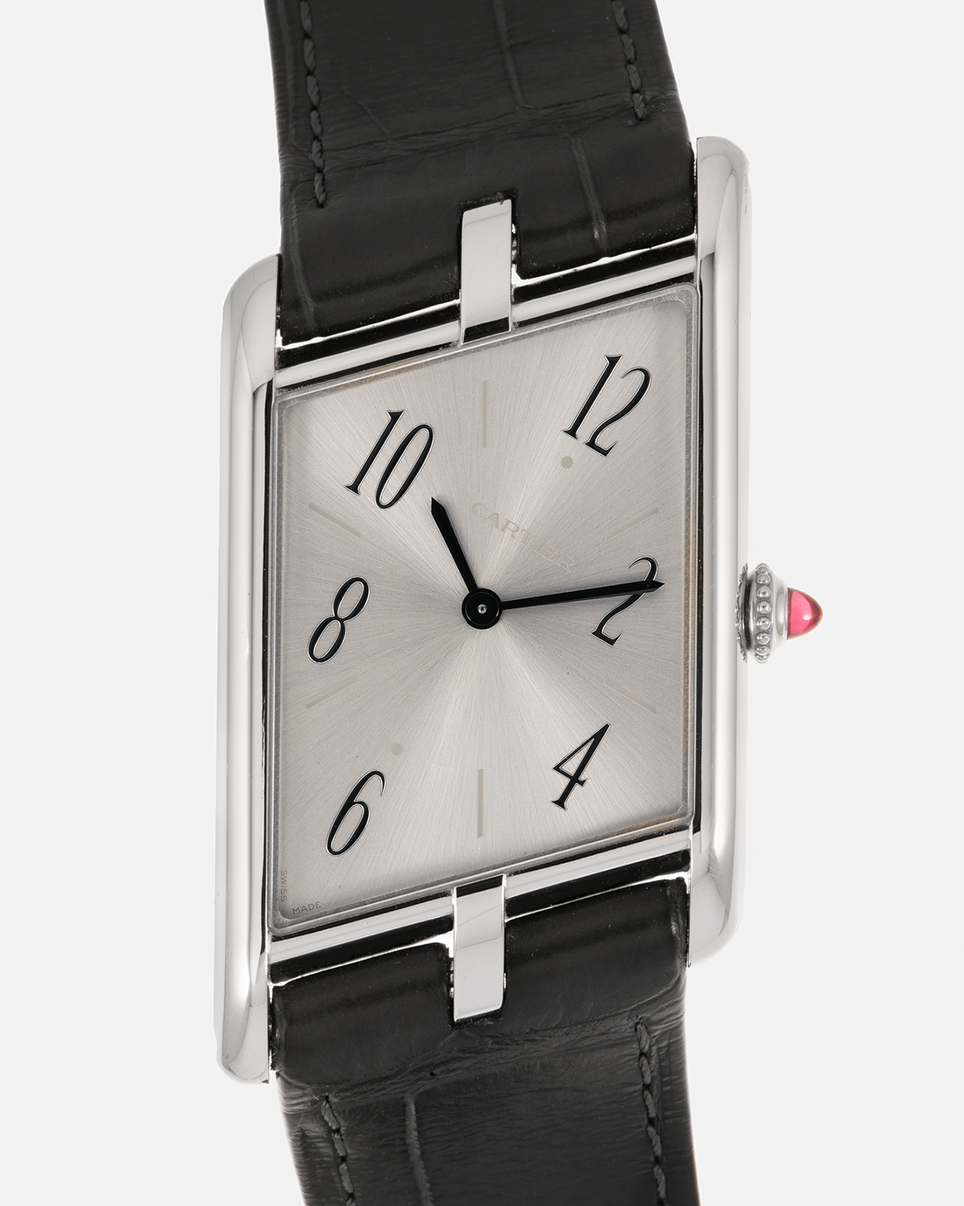 Brand: Cartier
Year: 2020
Model: Privé Tank Asymétrique Platinum, Limited to 100 Pieces
Reference: CRWGTA0042 / 4285
Material: Platinum 950
Movement: Cartier Cal. 1917MC, Manual-Winding
Case Dimensions: 47.15mm x 26.2mm x 6.38mm (Lug-to-Lug 47.15mm)
Strap: Cartier Grey Alligator Leather with Signed Platinum 950 Tang Buckle  