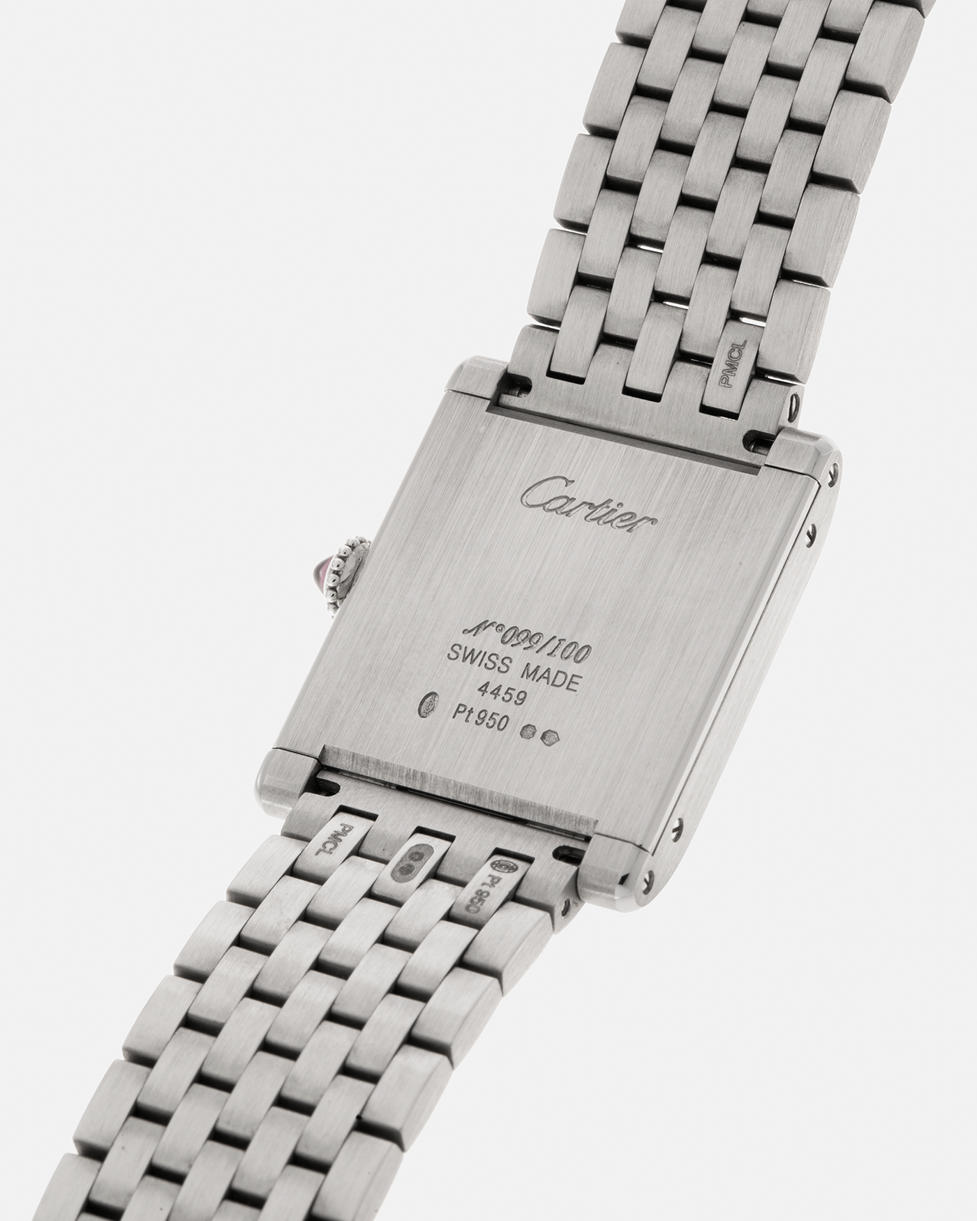 Brand: Cartier
Year: 2023
Model: Privé Tank Normale, Limited to 100 Pieces in this Configuration
Reference Number: CRWGTA0111
Limited Edition Number: 99/100
Material: Platinum 950
Movement: Cartier Cal. 070 MC, Manual-Winding
Case Dimensions: 32.6mm (Including Lugs) x 25.7mm x 6.85mm
Lug Width: 19mm
Bracelet: Cartier Platinum 950 Brick Bracelet with Clasp