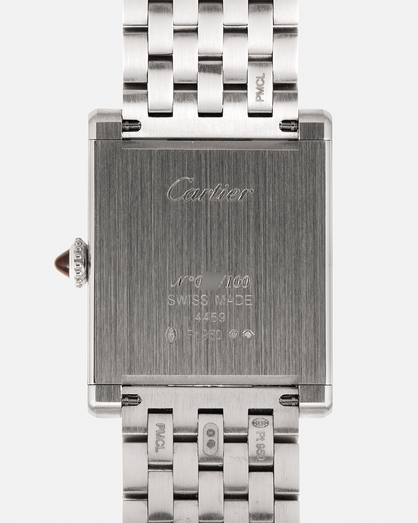 Brand: Cartier Year: 2023 Model: Privé Tank Normale, Limited to 100 Pieces in this Configuration Reference Number: CRWGTA0111 Material: Platinum 950 Movement: Cartier Cal. 070 MC, Manual-Winding Case Dimensions: 32.6mm x 25.7mm Lug Width: 19mm Strap: Cartier Platinum 950 Brick Bracelet with Signed Deployant Clasp