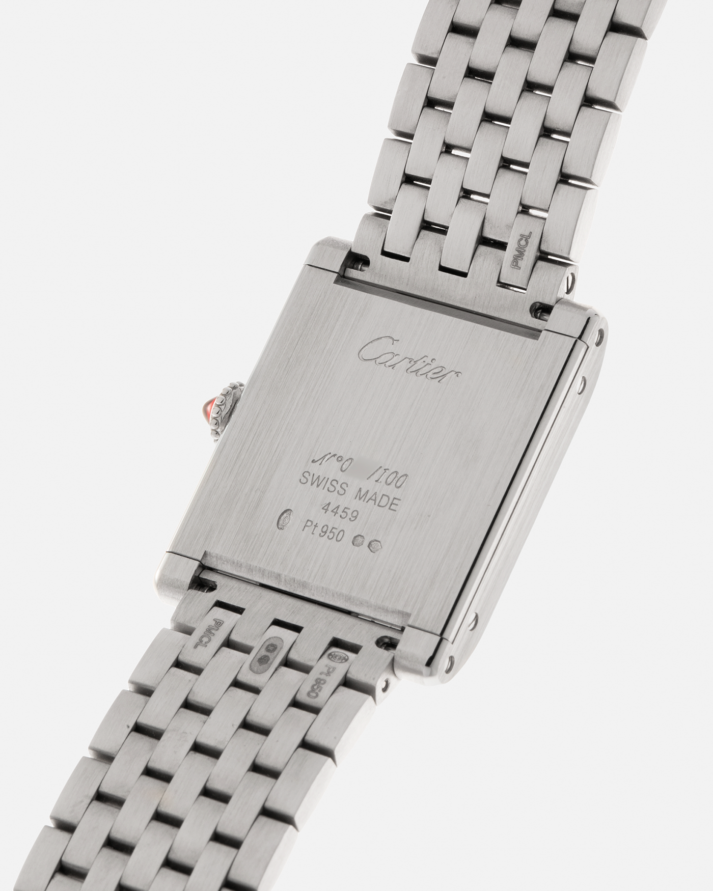 Brand: Cartier Year: 2023 Model: Privé Tank Normale, Limited to 100 Pieces in this Configuration Reference Number: CRWGTA0111 Material: Platinum 950 Movement: Cartier Cal. 070 MC, Manual-Winding Case Dimensions: 32.6mm x 25.7mm Lug Width: 19mm Strap: Cartier Platinum 950 Brick Bracelet with Signed Deployant Clasp