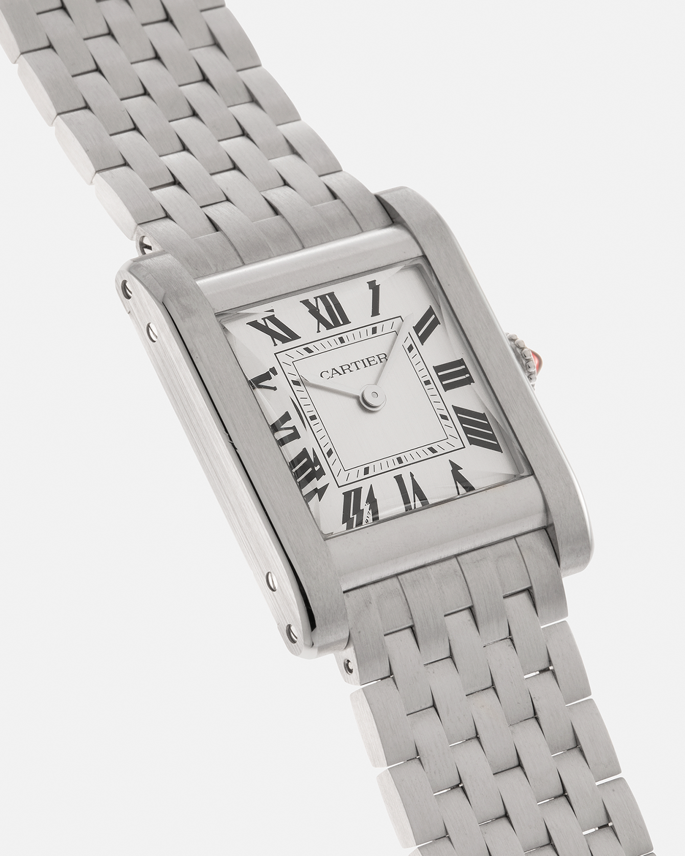 Brand: Cartier Year: 2023 Model: Privé Tank Normale, Limited to 100 Pieces in this Configuration Reference Number: CRWGTA0111 Material: Platinum 950 Movement: Cartier Cal. 070 MC, Manual-Winding Case Dimensions: 32.6mm x 25.7mm Lug Width: 19mm Strap: Cartier Platinum 950 Brick Bracelet with Signed Deployant Clasp