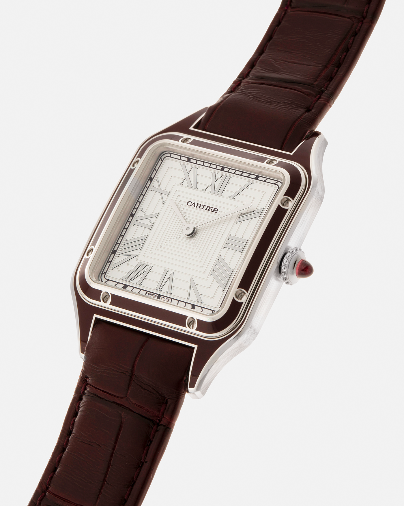 Brand: Cartier Year: 2022 Model: Santos-Dumont Large, Limited Edition of 150 pieces Reference Number: WGSA0053 Material: Platinum 950 Case, Burgundy Lacquered Bezel Movement: Cartier Cal. 430 MC, Manual-Winding Case Diameter: 43.5mm x 31.4mm Strap: Cartier Burgundy Alligator Leather Strap with Signed Platinum 950 Tang Buckle