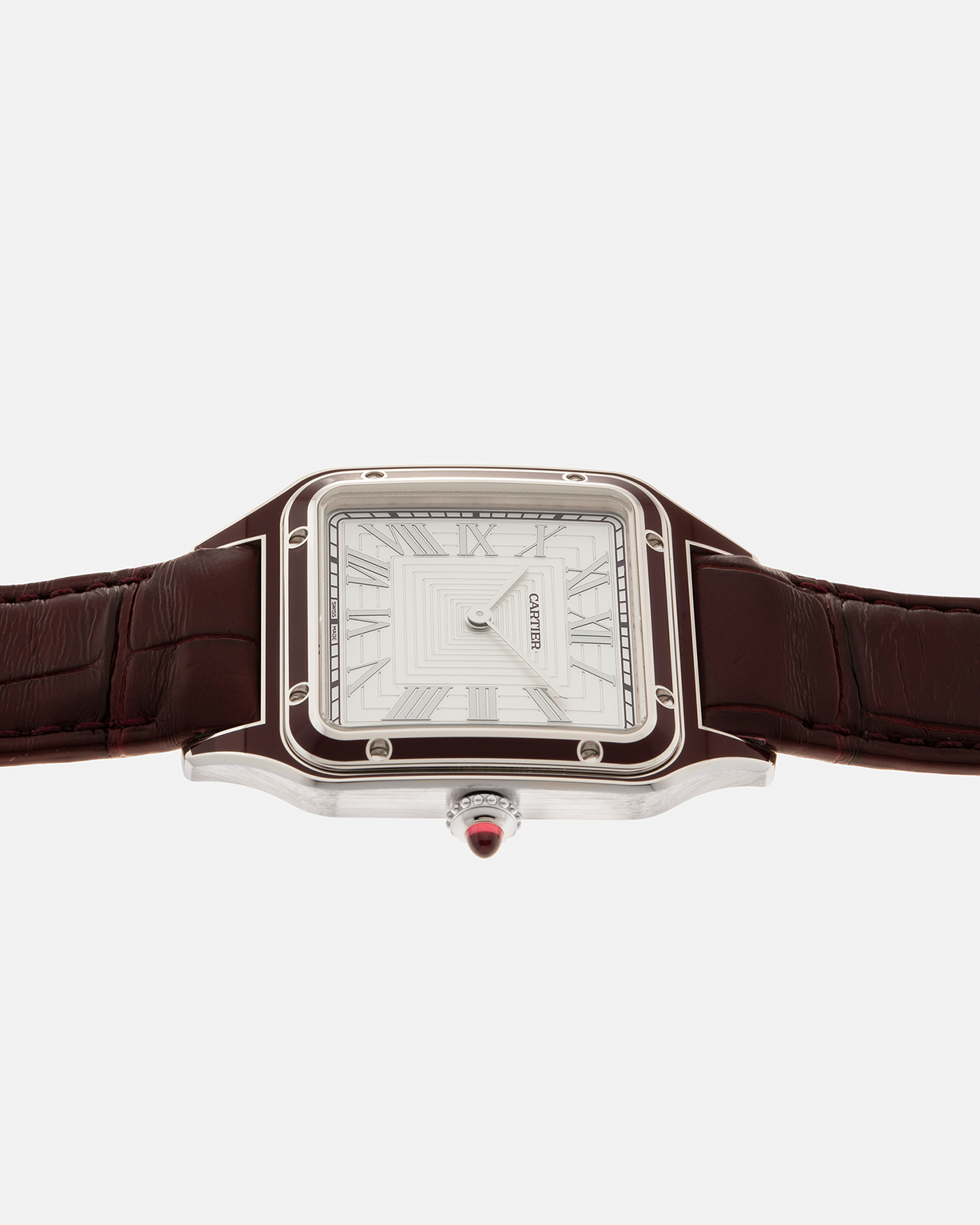 Brand: Cartier Year: 2022 Model: Santos-Dumont Large, Limited Edition of 150 pieces Reference Number: WGSA0053 Material: Platinum 950 Case, Burgundy Lacquered Bezel Movement: Cartier Cal. 430 MC, Manual-Winding Case Diameter: 43.5mm x 31.4mm Strap: Cartier Burgundy Alligator Leather Strap with Signed Platinum 950 Tang Buckle