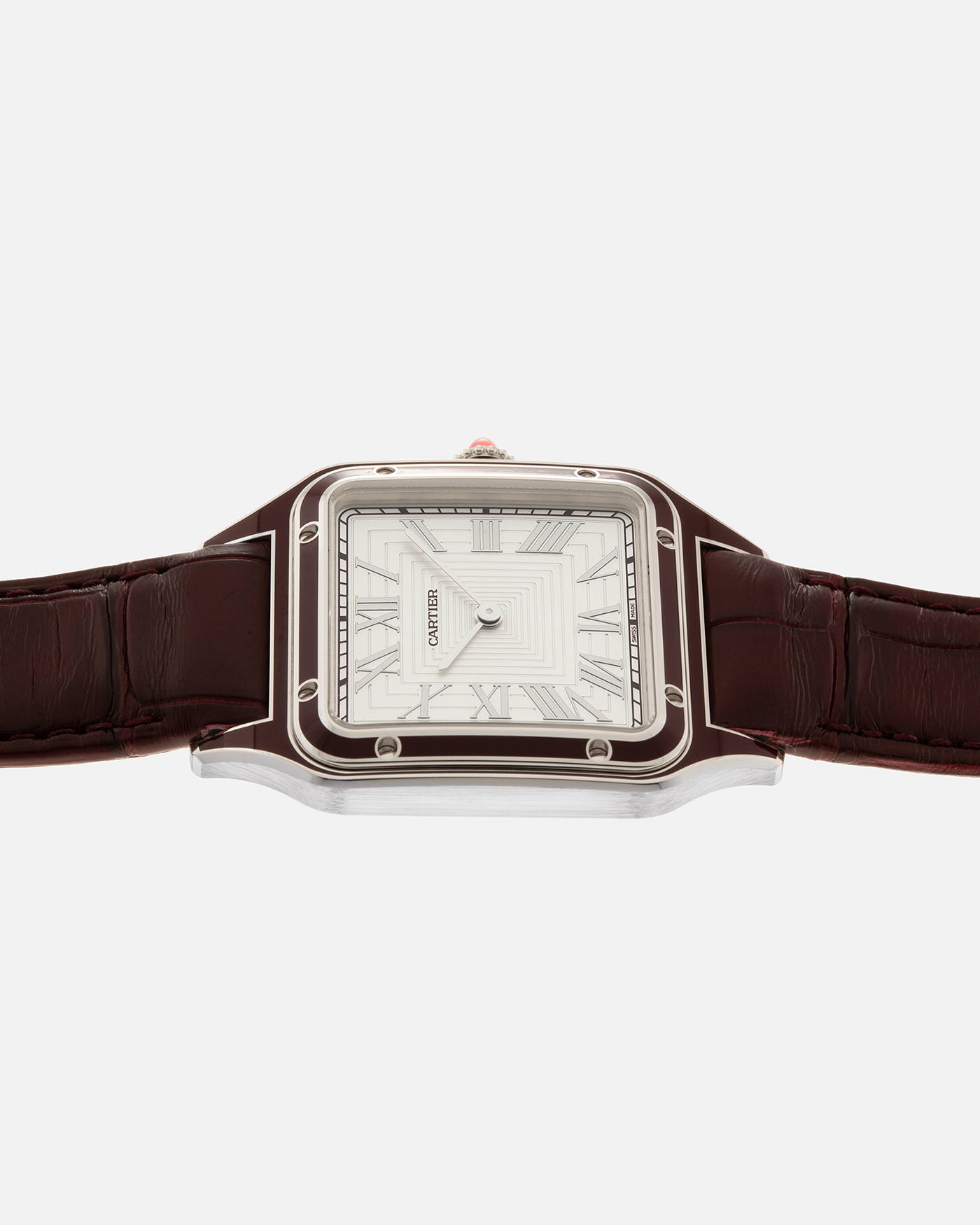 Brand: Cartier Year: 2022 Model: Santos-Dumont Large, Limited Edition of 150 pieces Reference Number: WGSA0053 Material: Platinum 950 Case, Burgundy Lacquered Bezel Movement: Cartier Cal. 430 MC, Manual-Winding Case Diameter: 43.5mm x 31.4mm Strap: Cartier Burgundy Alligator Leather Strap with Signed Platinum 950 Tang Buckle