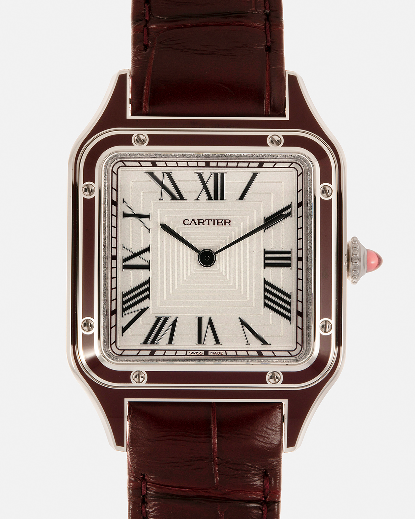 Brand: Cartier Year: 2022 Model: Santos-Dumont Large, Limited Edition of 150 pieces Reference Number: WGSA0053 Material: Platinum 950 Case, Burgundy Lacquered Bezel Movement: Cartier Cal. 430 MC, Manual-Winding Case Diameter: 43.5mm x 31.4mm Strap: Cartier Burgundy Alligator Leather Strap with Signed Platinum 950 Tang Buckle