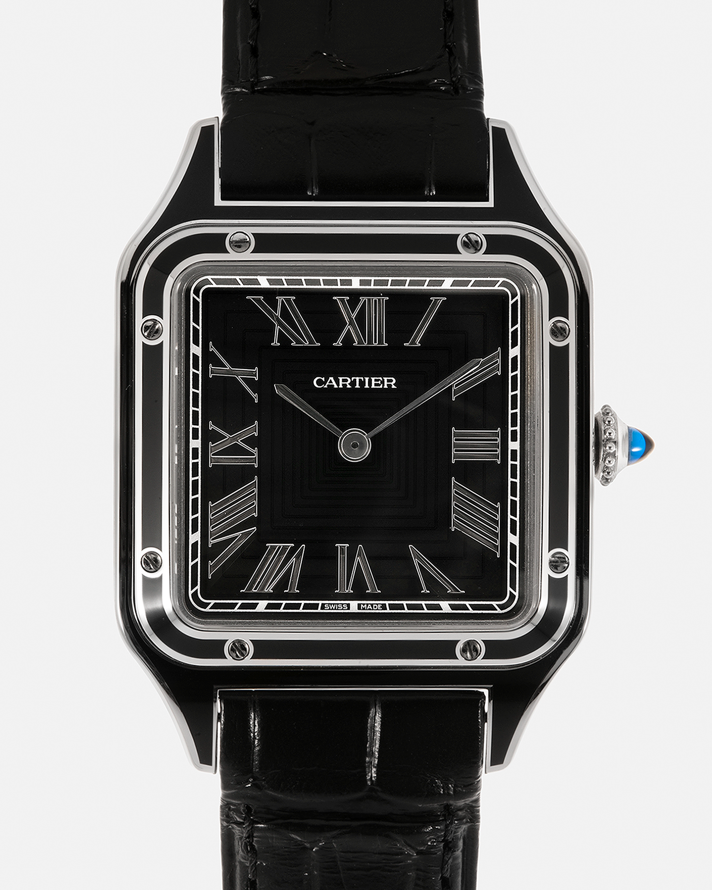Brand: Cartier Year: 2023 Model: Santos-Dumont Large Reference: CRWSSA0046 Material: Stainless Steel, Black Lacquer Movement: Cartier Cal. 430 MC, Manual-Winding Case Diameter: 43.5mm x 31.4mm Strap: Cartier Black Alligator Leather Strap with Signed Stainless Steel Tang Buckle, Additional Generic Black Leather Strap