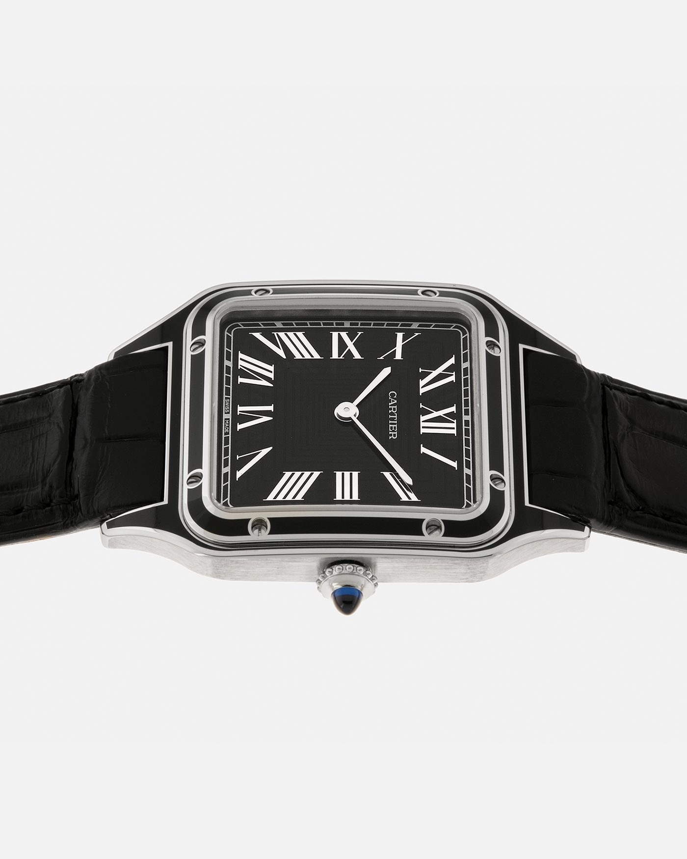 Brand: Cartier Year: 2023 Model: Santos-Dumont Large Reference: CRWSSA0046 Material: Stainless Steel, Black Lacquer Movement: Cartier Cal. 430 MC, Manual-Winding Case Diameter: 43.5mm x 31.4mm Strap: Cartier Black Alligator Leather Strap with Signed Stainless Steel Tang Buckle, Additional Generic Black Leather Strap