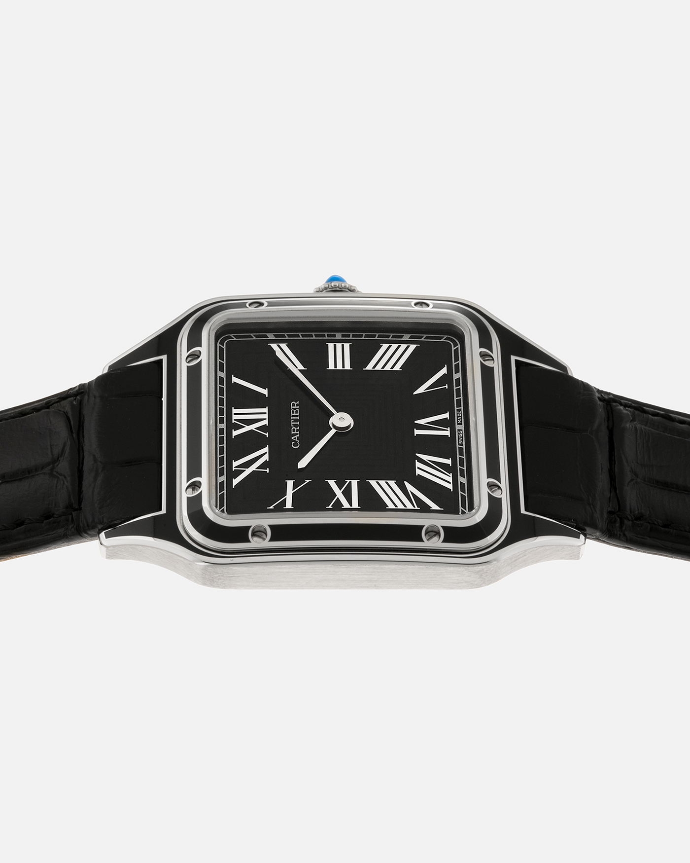 Brand: Cartier Year: 2023 Model: Santos-Dumont Large Reference: CRWSSA0046 Material: Stainless Steel, Black Lacquer Movement: Cartier Cal. 430 MC, Manual-Winding Case Diameter: 43.5mm x 31.4mm Strap: Cartier Black Alligator Leather Strap with Signed Stainless Steel Tang Buckle, Additional Generic Black Leather Strap