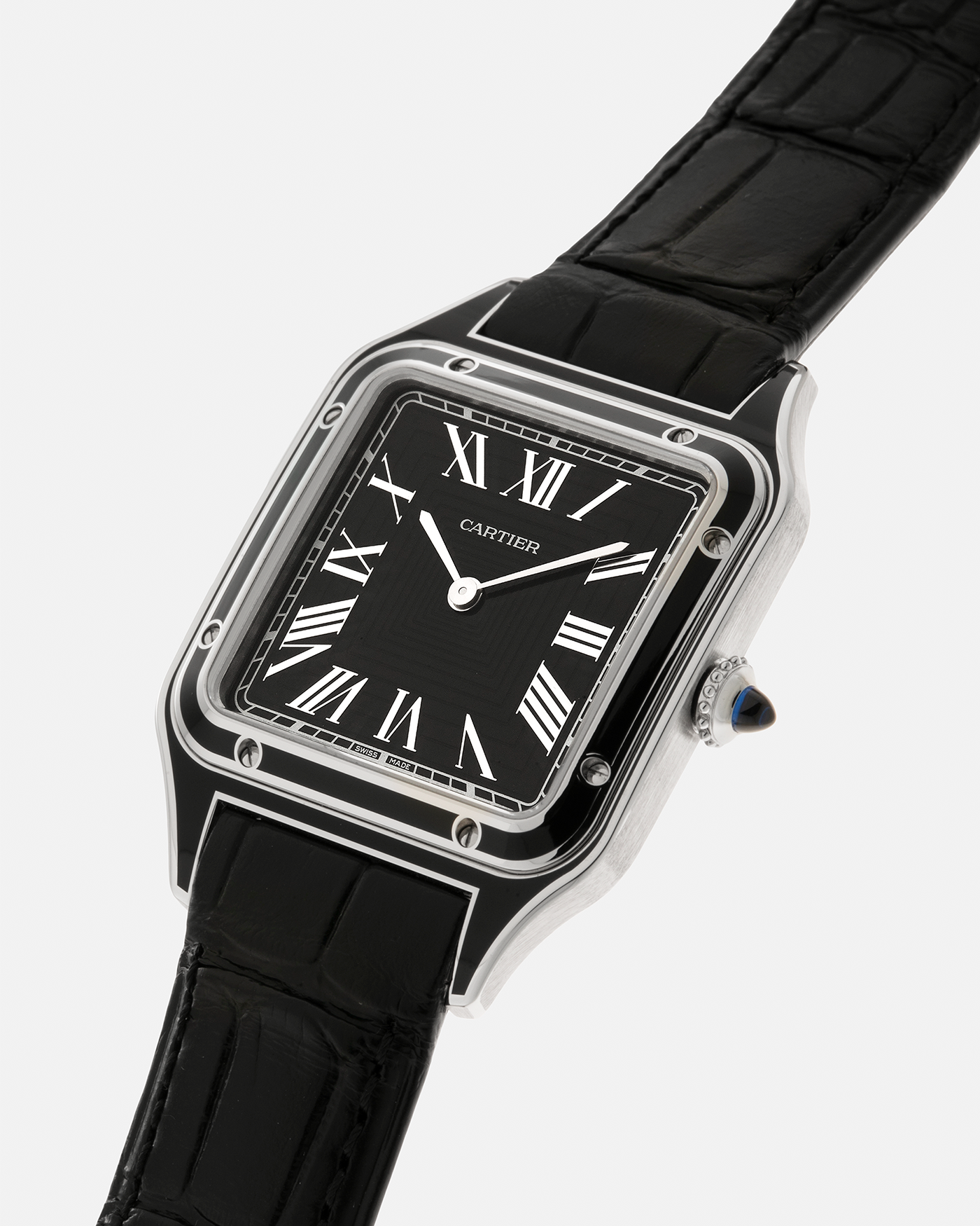 Brand: Cartier Year: 2023 Model: Santos-Dumont Large Reference: CRWSSA0046 Material: Stainless Steel, Black Lacquer Movement: Cartier Cal. 430 MC, Manual-Winding Case Diameter: 43.5mm x 31.4mm Strap: Cartier Black Alligator Leather Strap with Signed Stainless Steel Tang Buckle, Additional Generic Black Leather Strap