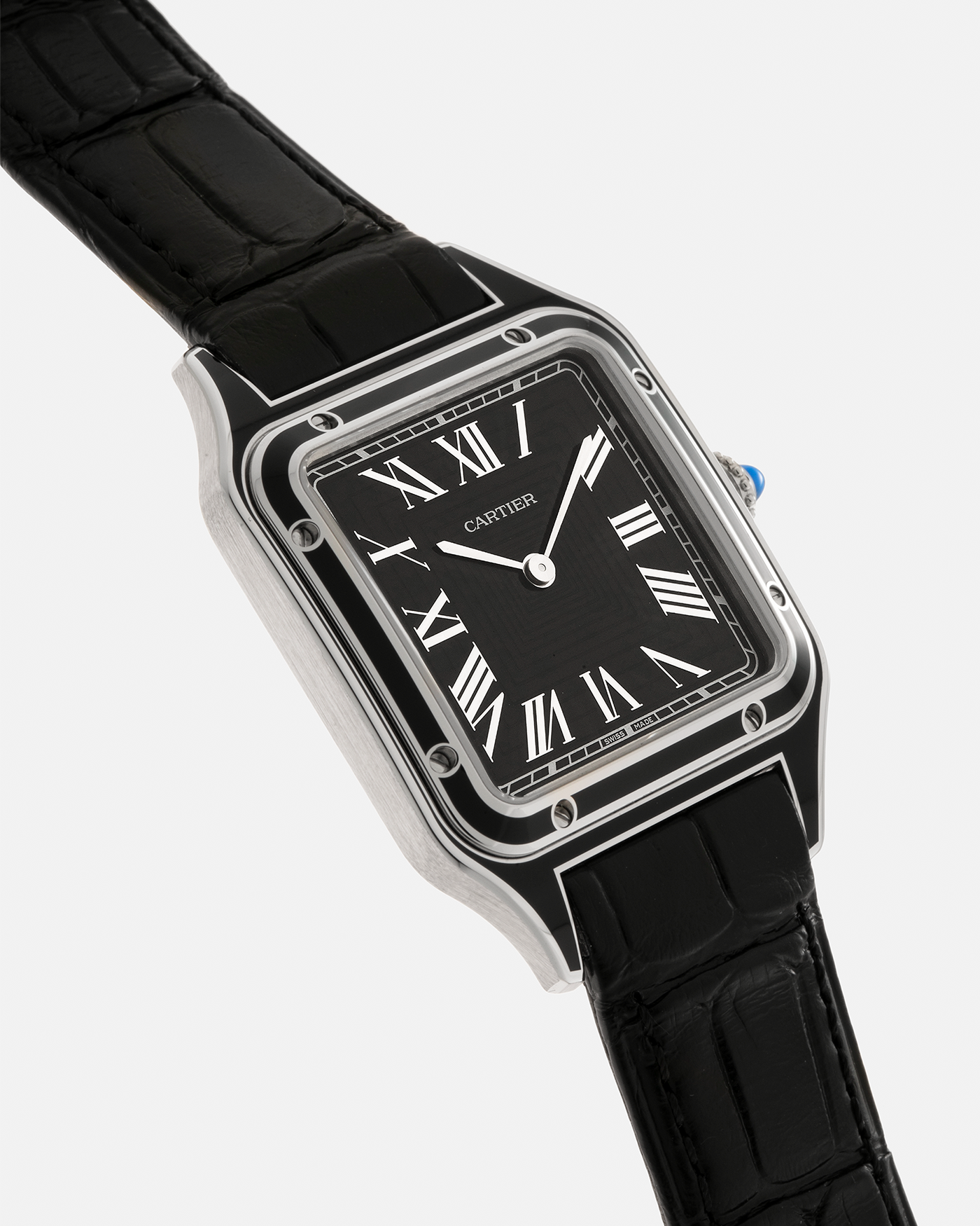 Brand: Cartier Year: 2023 Model: Santos-Dumont Large Reference: CRWSSA0046 Material: Stainless Steel, Black Lacquer Movement: Cartier Cal. 430 MC, Manual-Winding Case Diameter: 43.5mm x 31.4mm Strap: Cartier Black Alligator Leather Strap with Signed Stainless Steel Tang Buckle, Additional Generic Black Leather Strap