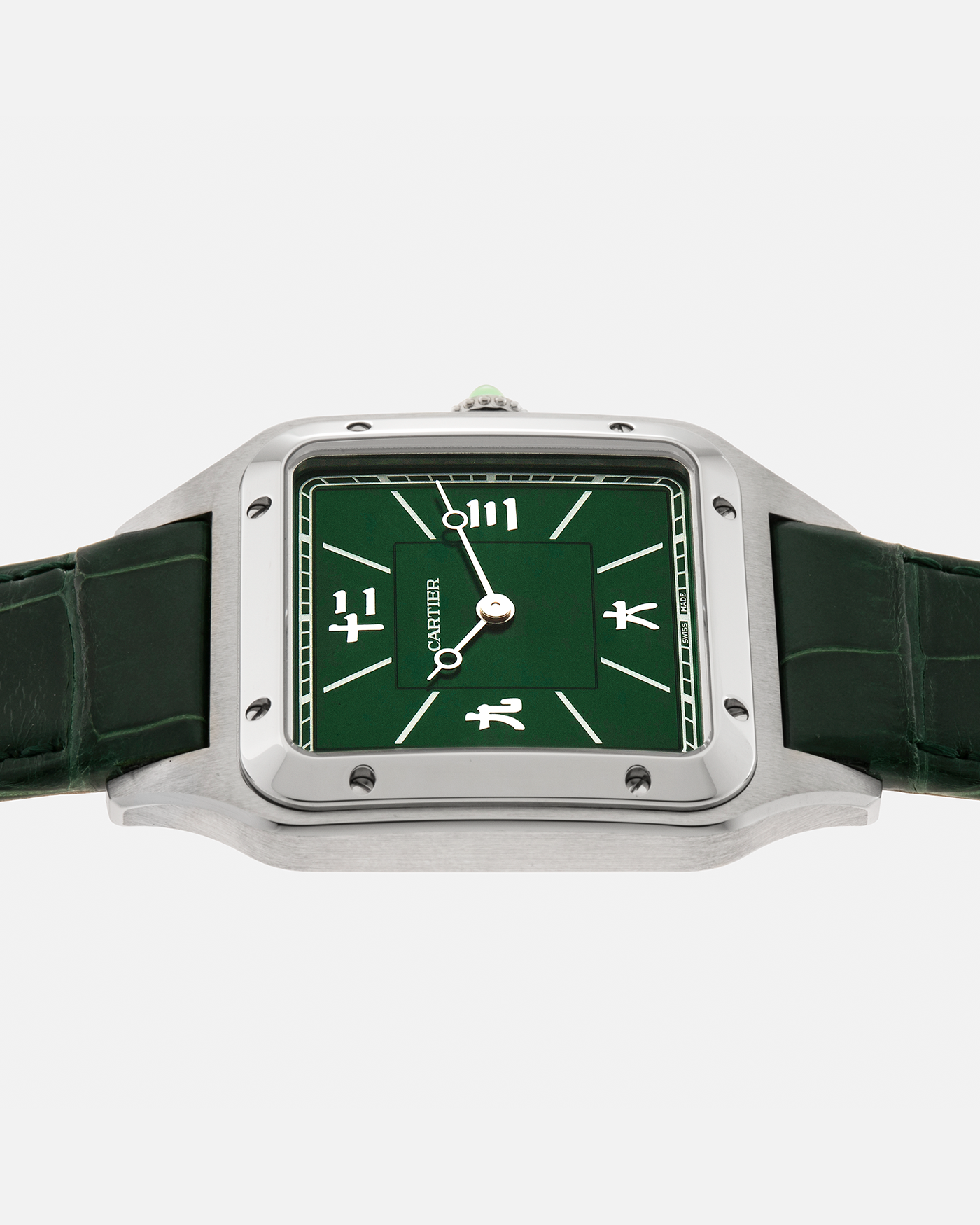 Brand: Cartier
Year: 2023
Model: Santos-Dumont Large NSO ‘Les Flaneurs’, Limited Edition of 50 pieces
Reference Number: 4298, WSSA0066
Material: Stainless Steel
Movement: Cartier Cal. 430 MC, Manual-Winding
Case Dimensions: 43.5mm (Including Lugs) x 31.4mm x 7.5mm
Lud Width: 18mm
Strap: Cartier Green Crocodile Leather Strap with Signed Stainless Steel Tang Buckle