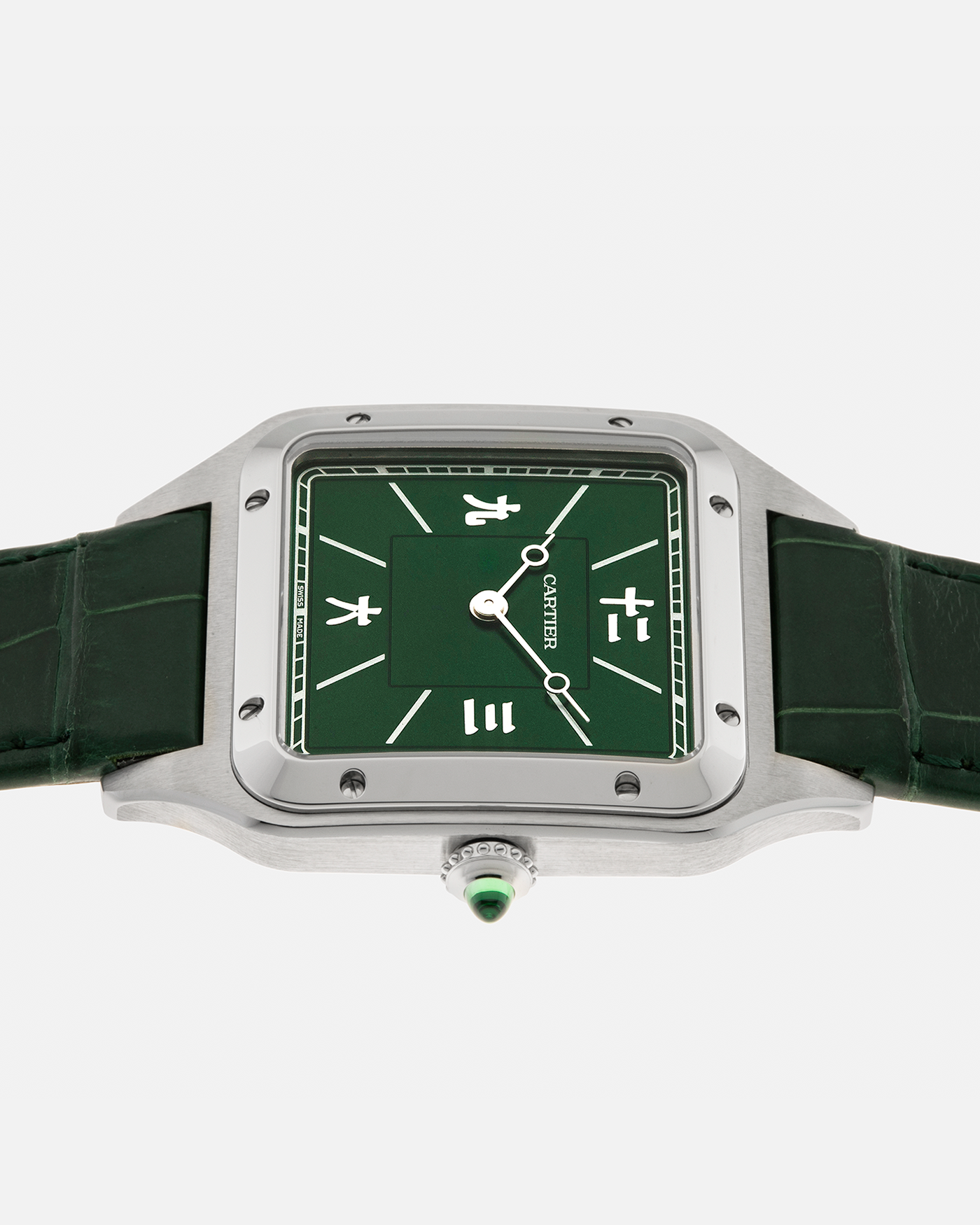 Brand: Cartier
Year: 2023
Model: Santos-Dumont Large NSO ‘Les Flaneurs’, Limited Edition of 50 pieces
Reference Number: 4298, WSSA0066
Material: Stainless Steel
Movement: Cartier Cal. 430 MC, Manual-Winding
Case Dimensions: 43.5mm (Including Lugs) x 31.4mm x 7.5mm
Lud Width: 18mm
Strap: Cartier Green Crocodile Leather Strap with Signed Stainless Steel Tang Buckle