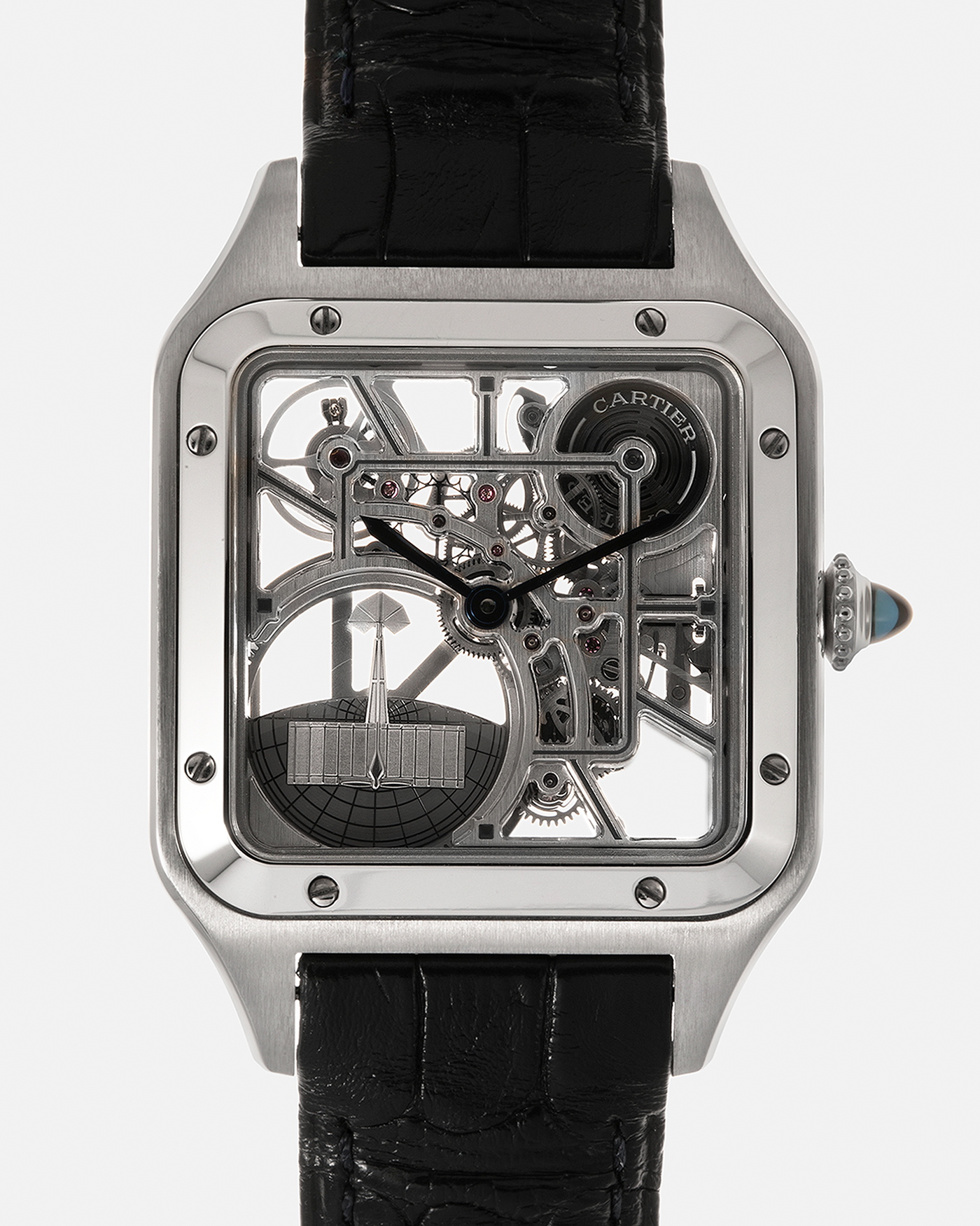 Brand: Cartier
Year: 2023
Model: Santos Dumont Skeleton Micro-Rotor
Reference: CRWHSA0032
Material: Stainless Steel
Movement: Cartier Cal. 9629 MC, Self-Winding Micro-Rotor
Case Dimensions: 31.4mm x 43.5mm (Including Lugs)
Strap: Cartier Dark Navy Alligator Leather Strap with Signed Stainless Steel Ardillon Buckle