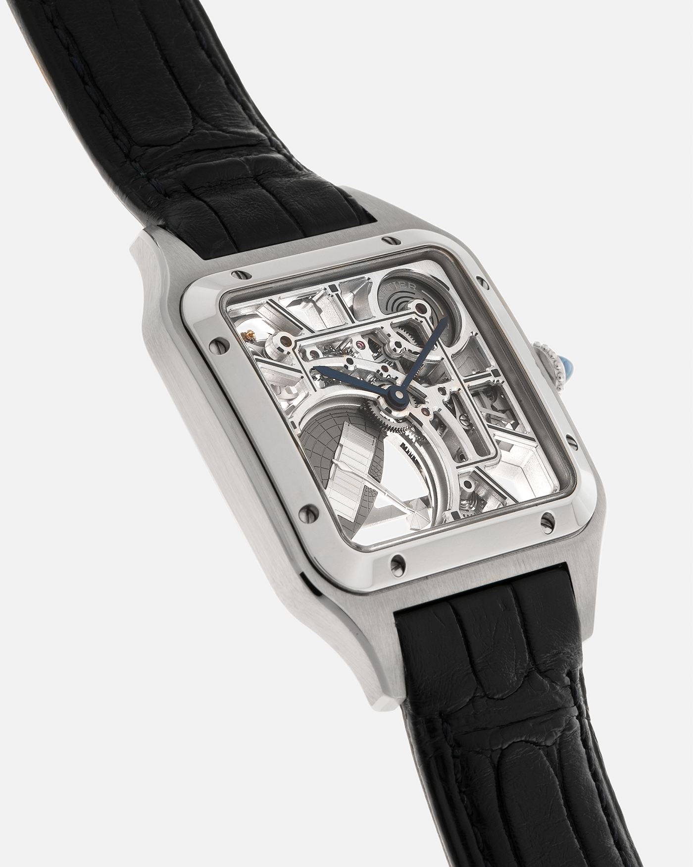 Brand: Cartier
Year: 2023
Model: Santos Dumont Skeleton Micro-Rotor
Reference: CRWHSA0032
Material: Stainless Steel
Movement: Cartier Cal. 9629 MC, Self-Winding Micro-Rotor
Case Dimensions: 31.4mm x 43.5mm (Including Lugs)
Strap: Cartier Dark Navy Alligator Leather Strap with Signed Stainless Steel Ardillon Buckle