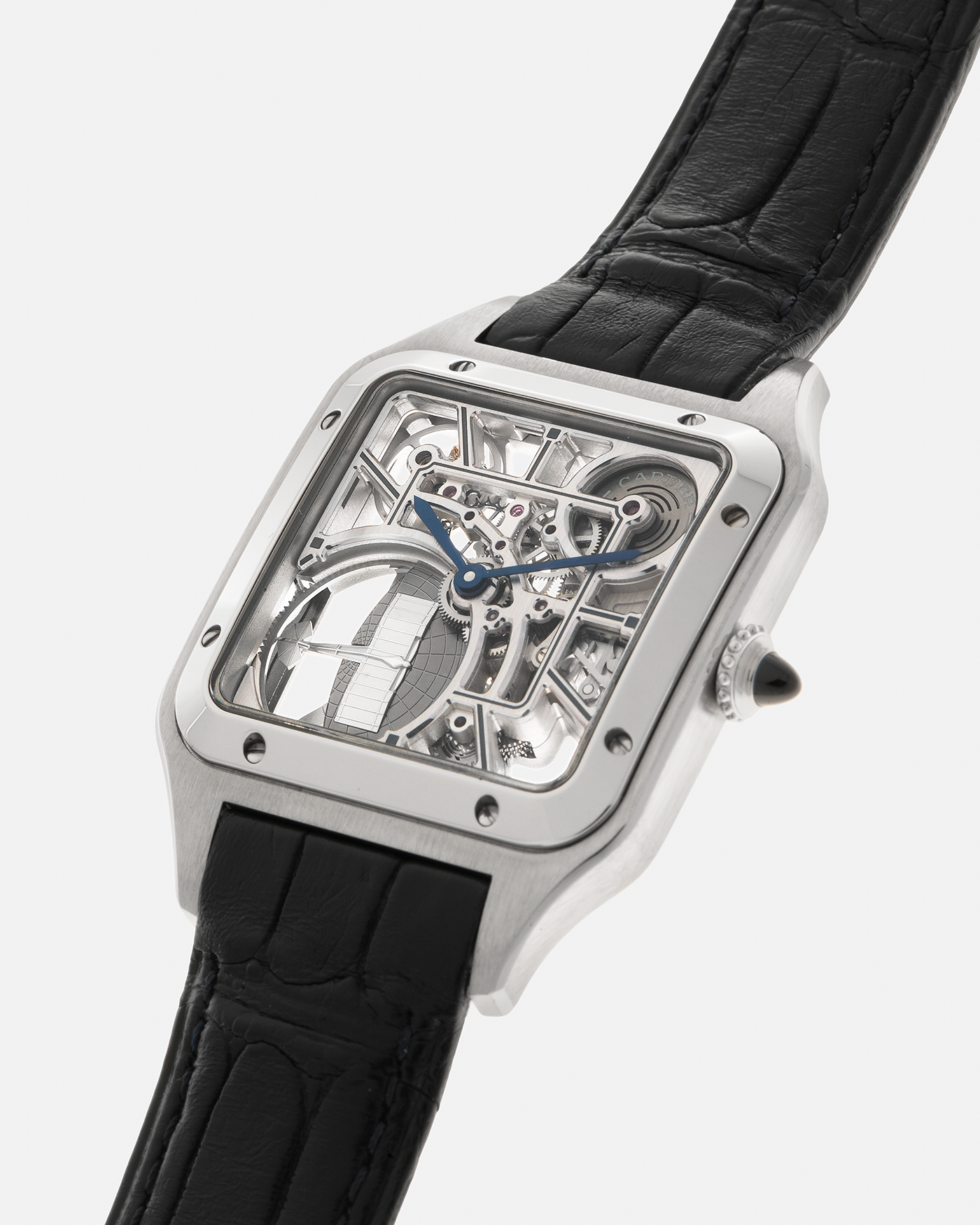 Brand: Cartier
Year: 2023
Model: Santos Dumont Skeleton Micro-Rotor
Reference: CRWHSA0032
Material: Stainless Steel
Movement: Cartier Cal. 9629 MC, Self-Winding Micro-Rotor
Case Dimensions: 31.4mm x 43.5mm (Including Lugs)
Strap: Cartier Dark Navy Alligator Leather Strap with Signed Stainless Steel Ardillon Buckle