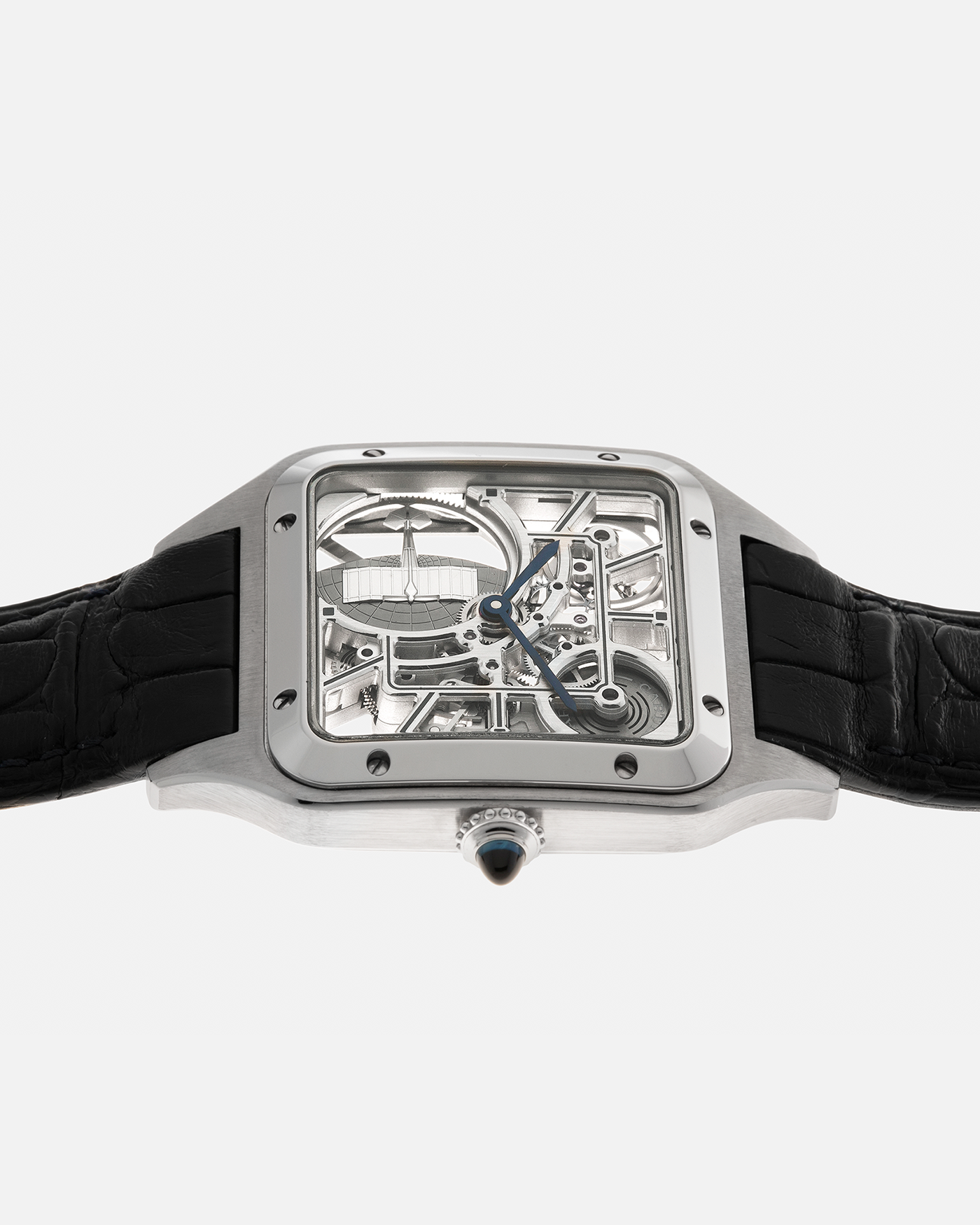 Brand: Cartier
Year: 2023
Model: Santos Dumont Skeleton Micro-Rotor
Reference: CRWHSA0032
Material: Stainless Steel
Movement: Cartier Cal. 9629 MC, Self-Winding Micro-Rotor
Case Dimensions: 31.4mm x 43.5mm (Including Lugs)
Strap: Cartier Dark Navy Alligator Leather Strap with Signed Stainless Steel Ardillon Buckle