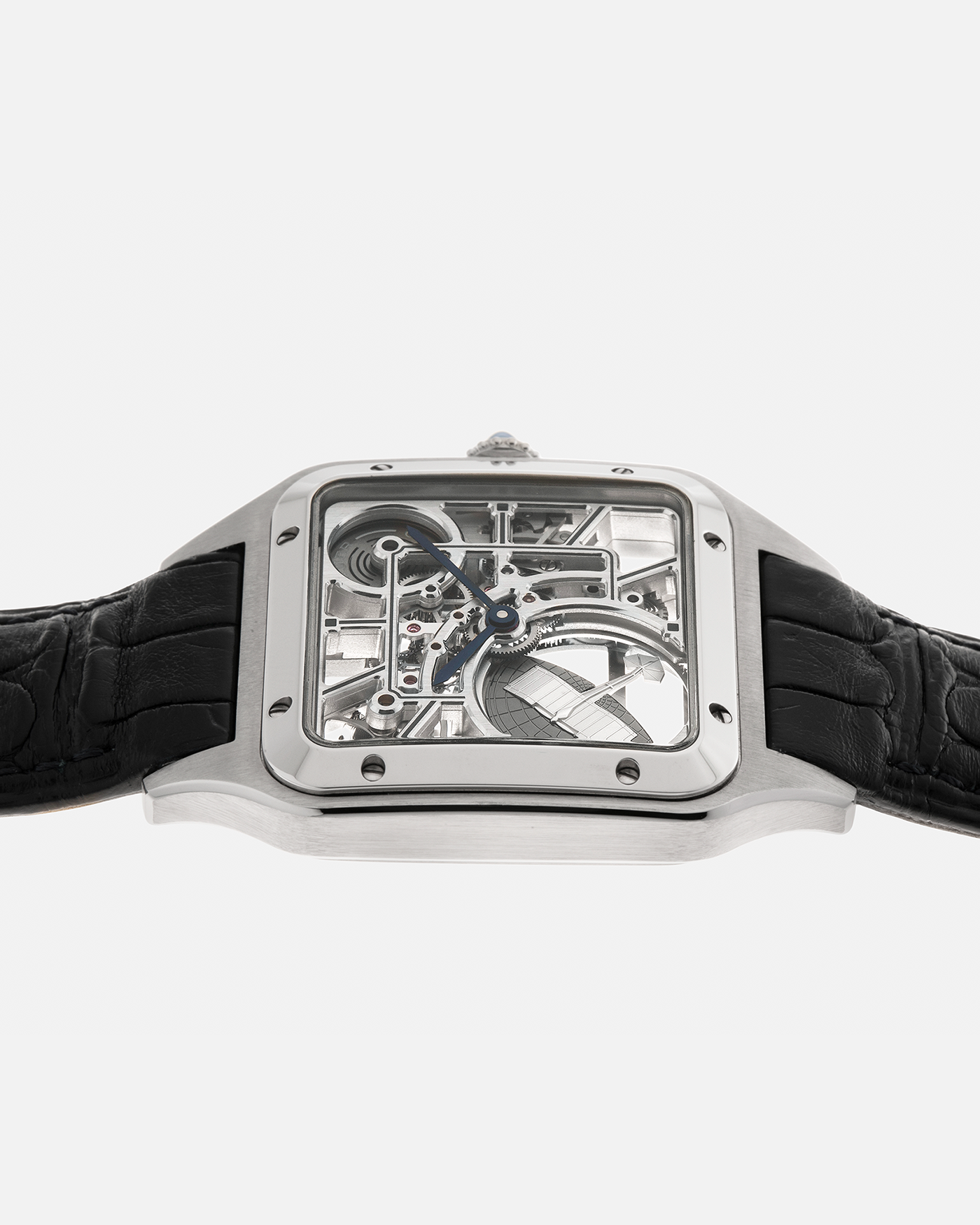 Brand: Cartier
Year: 2023
Model: Santos Dumont Skeleton Micro-Rotor
Reference: CRWHSA0032
Material: Stainless Steel
Movement: Cartier Cal. 9629 MC, Self-Winding Micro-Rotor
Case Dimensions: 31.4mm x 43.5mm (Including Lugs)
Strap: Cartier Dark Navy Alligator Leather Strap with Signed Stainless Steel Ardillon Buckle