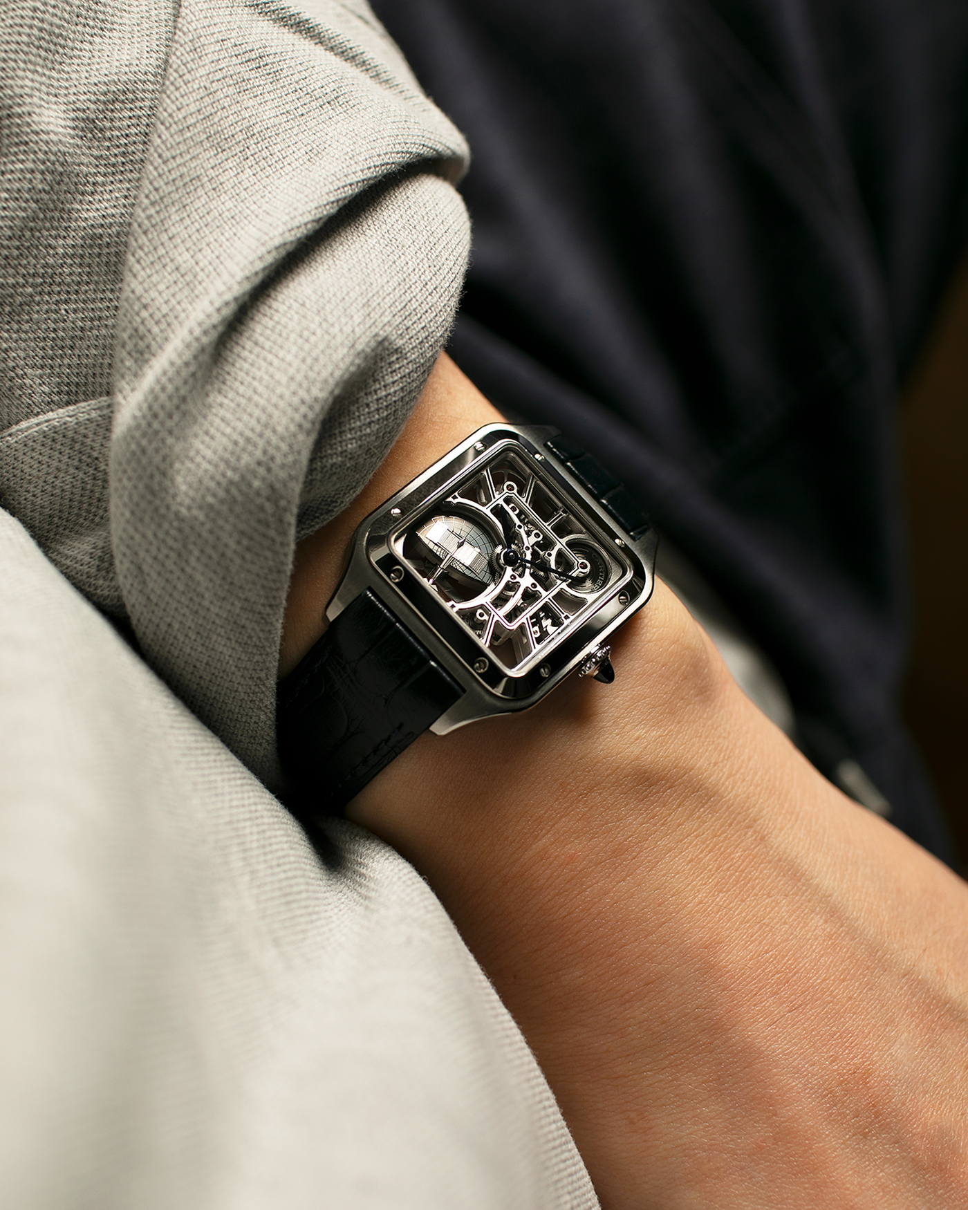 Brand: Cartier
Year: 2023
Model: Santos Dumont Skeleton Micro-Rotor
Reference: CRWHSA0032
Material: Stainless Steel
Movement: Cartier Cal. 9629 MC, Self-Winding Micro-Rotor
Case Dimensions: 31.4mm x 43.5mm (Including Lugs)
Strap: Cartier Dark Navy Alligator Leather Strap with Signed Stainless Steel Ardillon Buckle