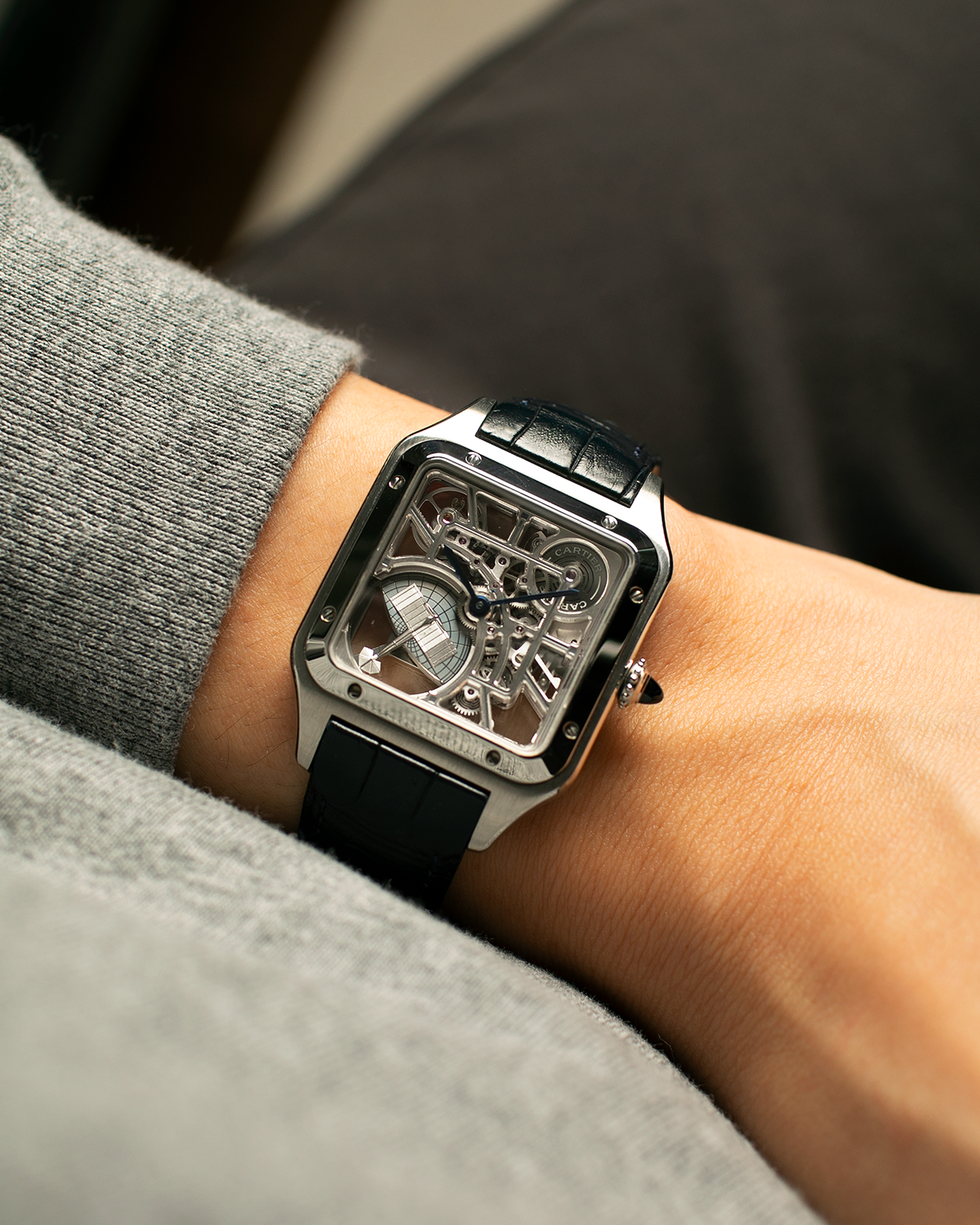 Brand: Cartier
Year: 2023
Model: Santos Dumont Skeleton Micro-Rotor
Reference: CRWHSA0032
Material: Stainless Steel
Movement: Cartier Cal. 9629 MC, Self-Winding Micro-Rotor
Case Dimensions: 31.4mm x 43.5mm (Including Lugs)
Strap: Cartier Dark Navy Alligator Leather Strap with Signed Stainless Steel Ardillon Buckle