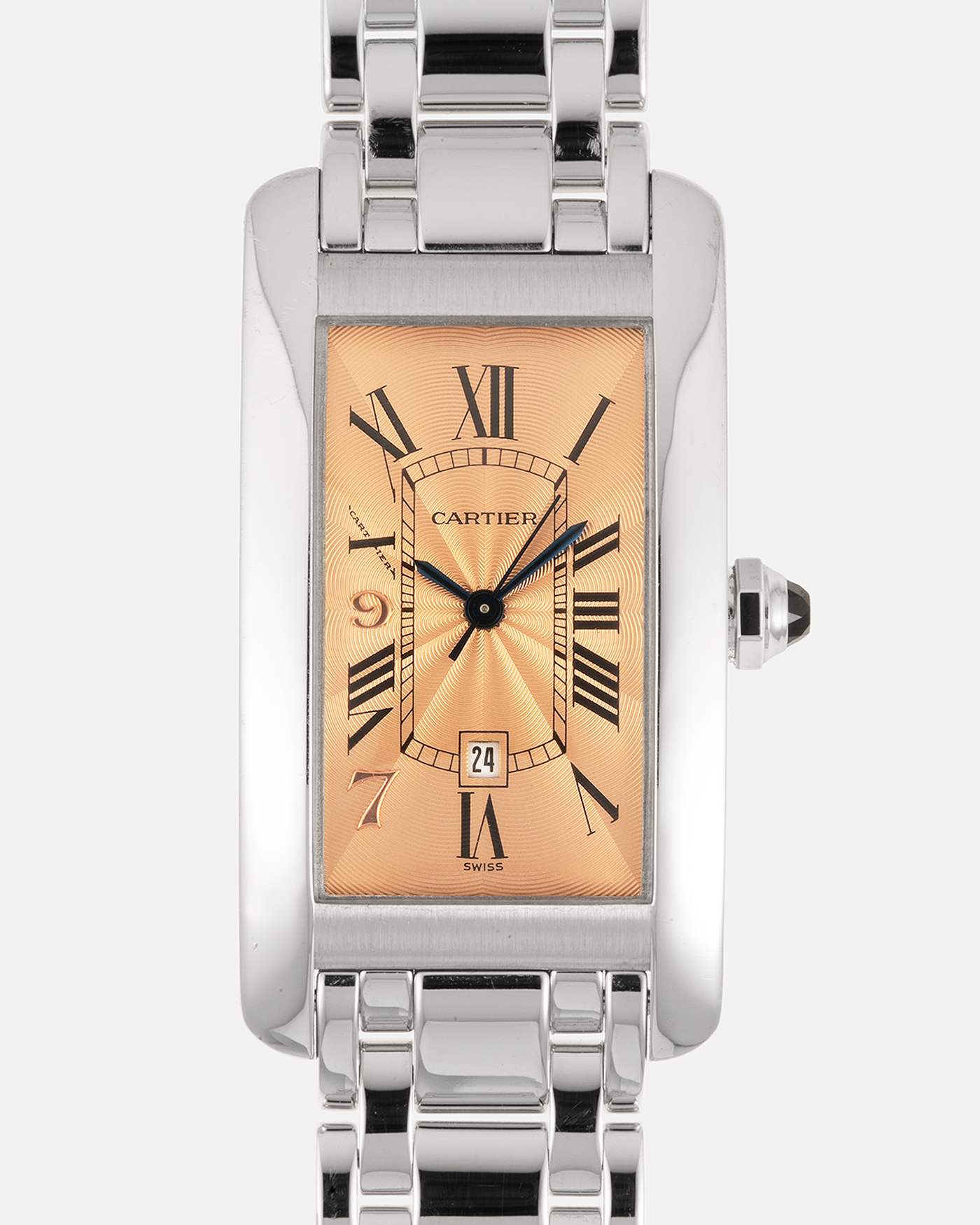 Brand: Cartier Year: 1997 Model: Tank Americaine Hong Kong ‘97’ Limited Edition of 97 pieces Reference: 1726 Material: 18-carat White Gold Movement: Cartier Cal. 077, Self-Winding Case Dimensions: 41mm x 23mm Lug Width: 18mm Bracelet: Cartier 18-carat White Gold Bracelet with Signed Deployant Clasp