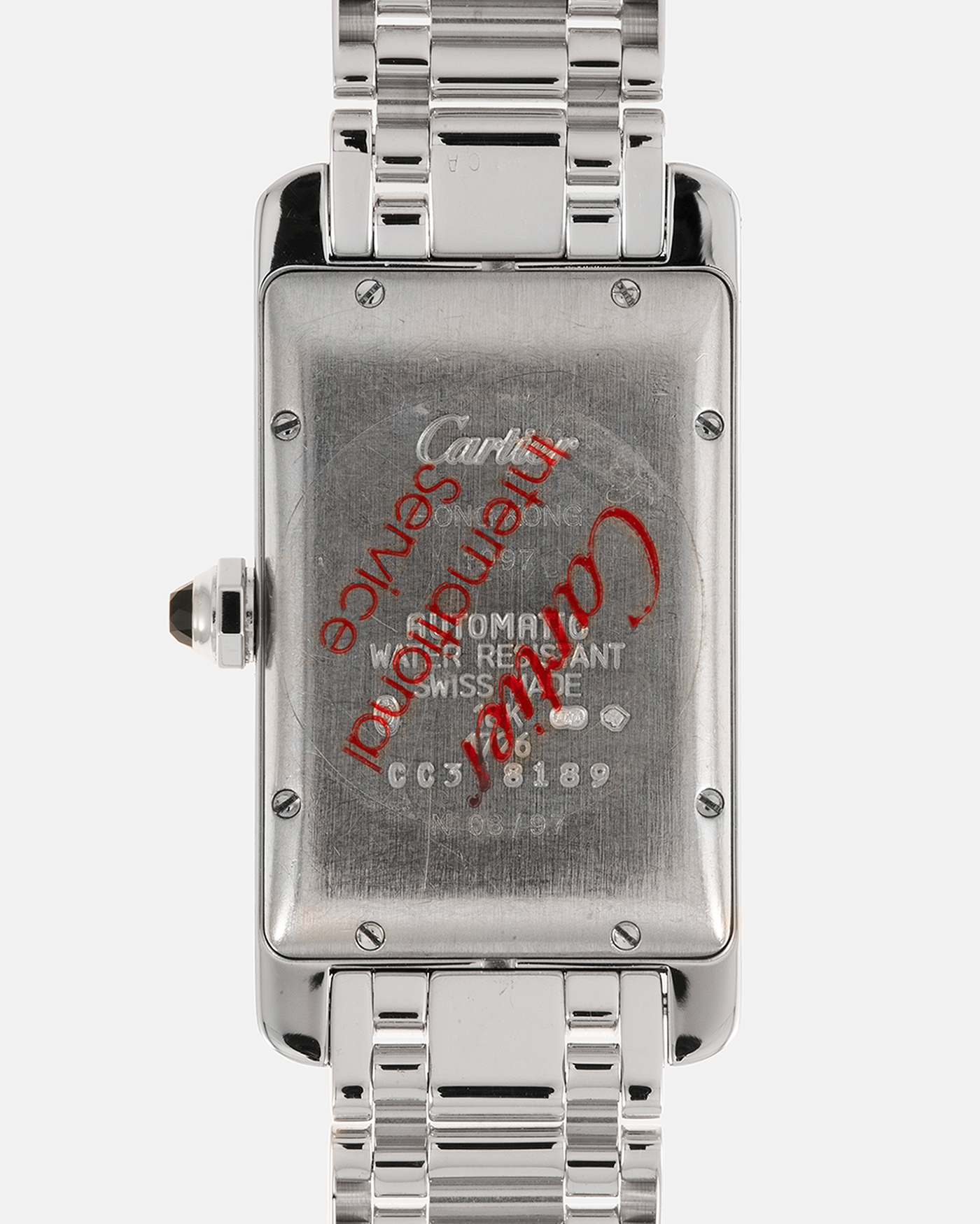 Brand: Cartier Year: 1997 Model: Tank Americaine Hong Kong ‘97’ Limited Edition of 97 pieces Reference: 1726 Material: 18-carat White Gold Movement: Cartier Cal. 077, Self-Winding Case Dimensions: 41mm x 23mm Lug Width: 18mm Bracelet: Cartier 18-carat White Gold Bracelet with Signed Deployant Clasp