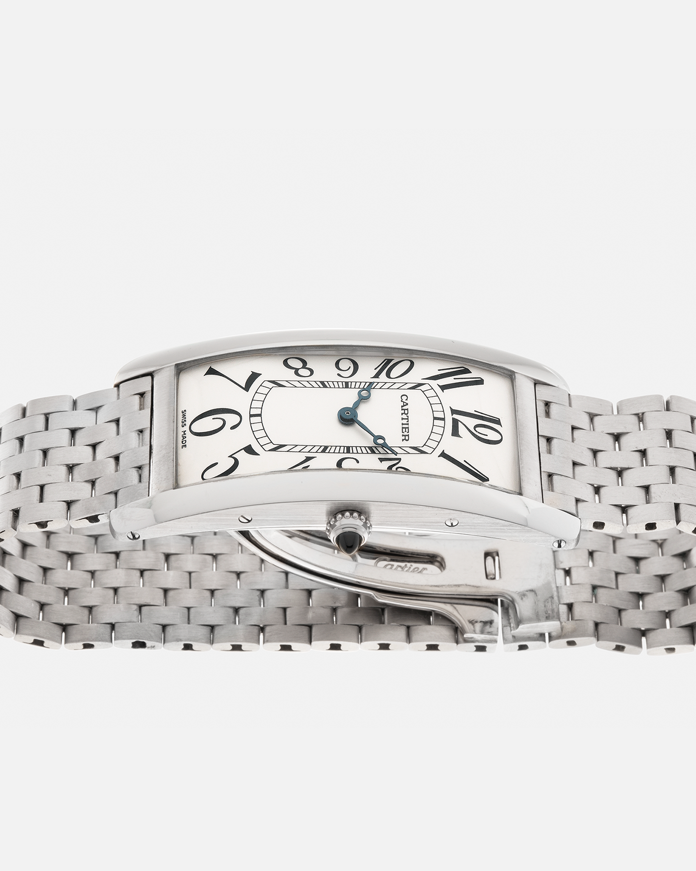 Brand: Cartier Year: 2005 Model: Collection Privée Cartier Paris Tank Cintrée, Limited to 50 pieces Reference: 2843 Material: Platinum 950 Case, 18-carat White Gold Bracelet Movement: Cartier Cal. 9770 MC (JLC-derived), Manual-Winding Case Dimensions: 46mm x 23 mm Lug Width: 16mm Bracelet: Custom Brick-Stone Bracelet (Cut To Size) in 18-carat White Gold with Cartier Signed Deployant Clasp