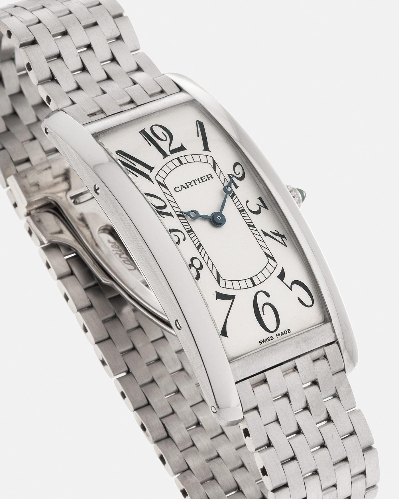 Brand: Cartier Year: 2005 Model: Collection Privée Cartier Paris Tank Cintrée, Limited to 50 pieces Reference: 2843 Material: Platinum 950 Case, 18-carat White Gold Bracelet Movement: Cartier Cal. 9770 MC (JLC-derived), Manual-Winding Case Dimensions: 46mm x 23 mm Lug Width: 16mm Bracelet: Custom Brick-Stone Bracelet (Cut To Size) in 18-carat White Gold with Cartier Signed Deployant Clasp