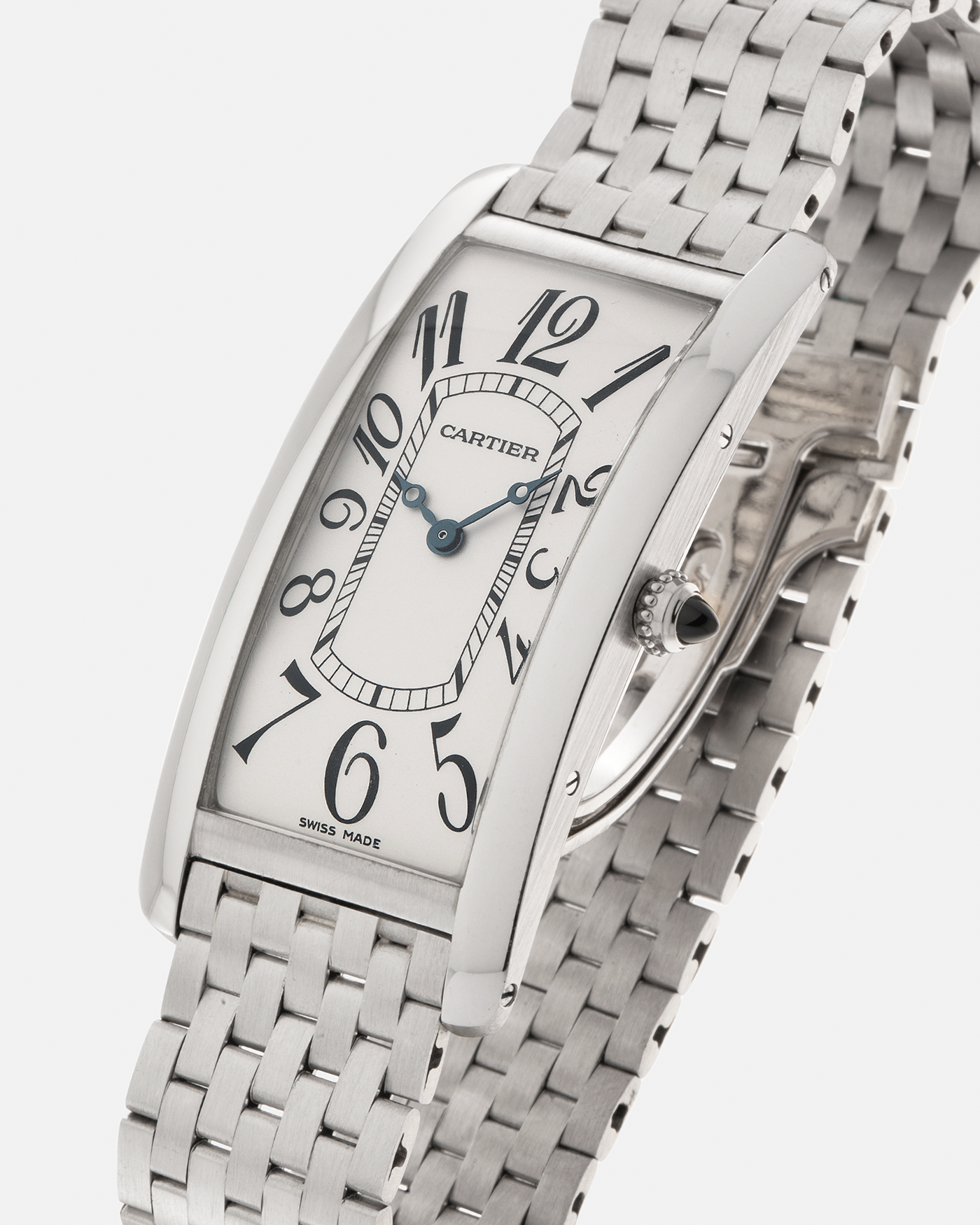 Brand: Cartier Year: 2005 Model: Collection Privée Cartier Paris Tank Cintrée, Limited to 50 pieces Reference: 2843 Material: Platinum 950 Case, 18-carat White Gold Bracelet Movement: Cartier Cal. 9770 MC (JLC-derived), Manual-Winding Case Dimensions: 46mm x 23 mm Lug Width: 16mm Bracelet: Custom Brick-Stone Bracelet (Cut To Size) in 18-carat White Gold with Cartier Signed Deployant Clasp