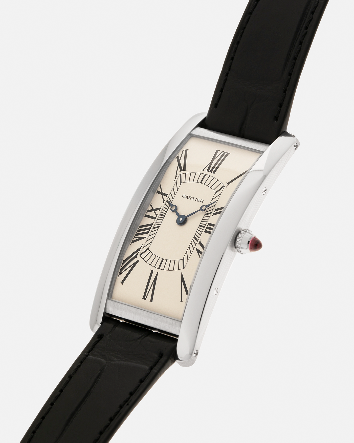 Brand: Cartier
Year: 2024
Model: Tank Cintrée Les Rééditions, Limited to 150 pieces
Reference: WGTA0193
Material: Platinum 950 
Movement: Cartier Cal. 9780 MC (Jaeger LeCoultre Cal. 849), Manual-Winding
Case Dimensions: 46mm (Including Lugs) x 23 mm
Lug Width: 16mm
Strap: Cartier Black Alligator Leather Strap with Signed Platinum 950 Tang Buckle