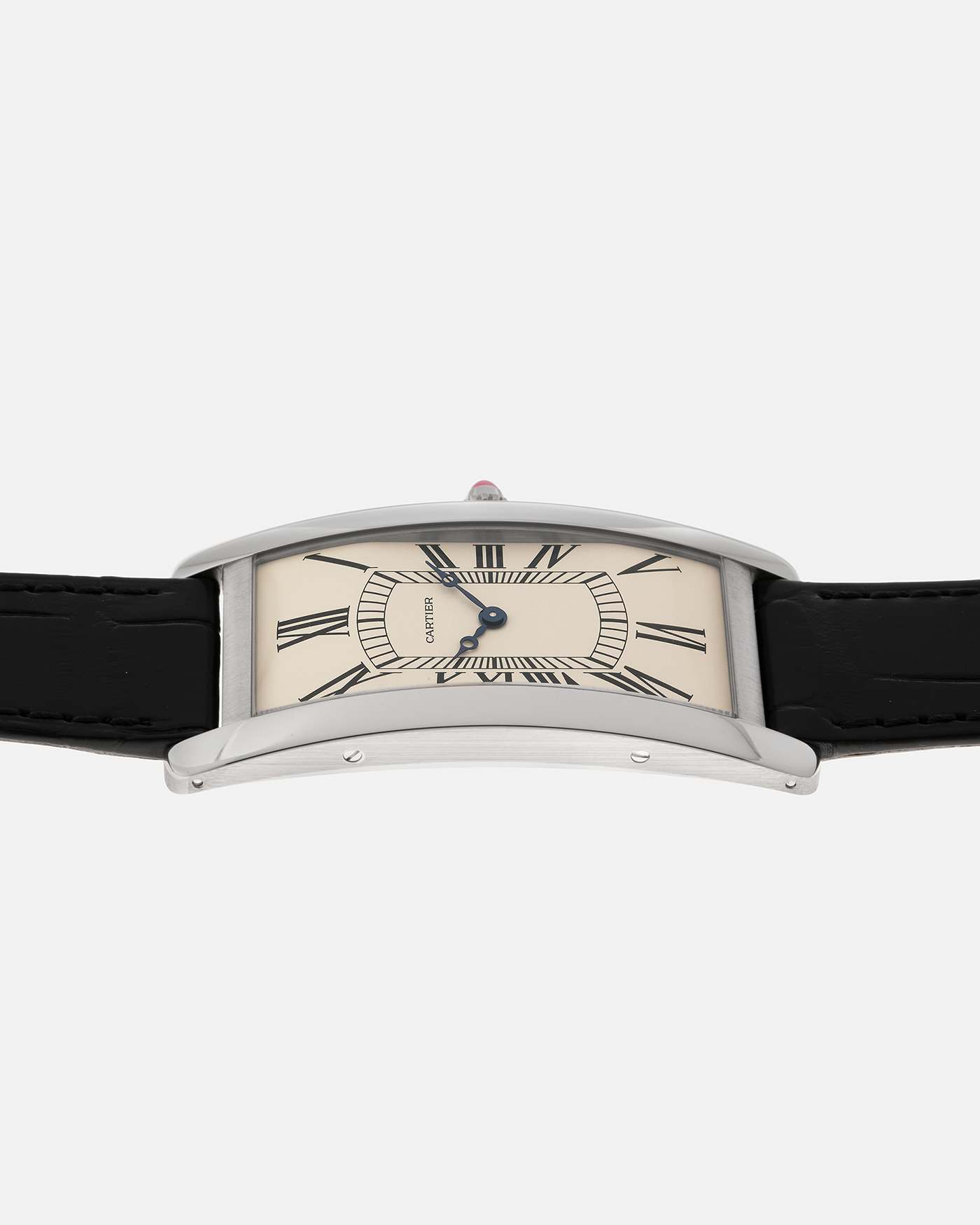 Brand: Cartier Year: 2024 Model: Tank Cintrée Les Rééditions, Limited to 150 Pieces Reference: WGTA0193 Material: Platinum 950  Movement: Cartier Cal. 9780 MC (Jaeger LeCoultre Cal. 849), Manual-Winding Case Dimensions: 46mm (Including Lugs) x 23 mm Lug Width: 16mm Strap: Cartier Black Alligator Leather Strap with Signed Platinum 950 Tang Buckle