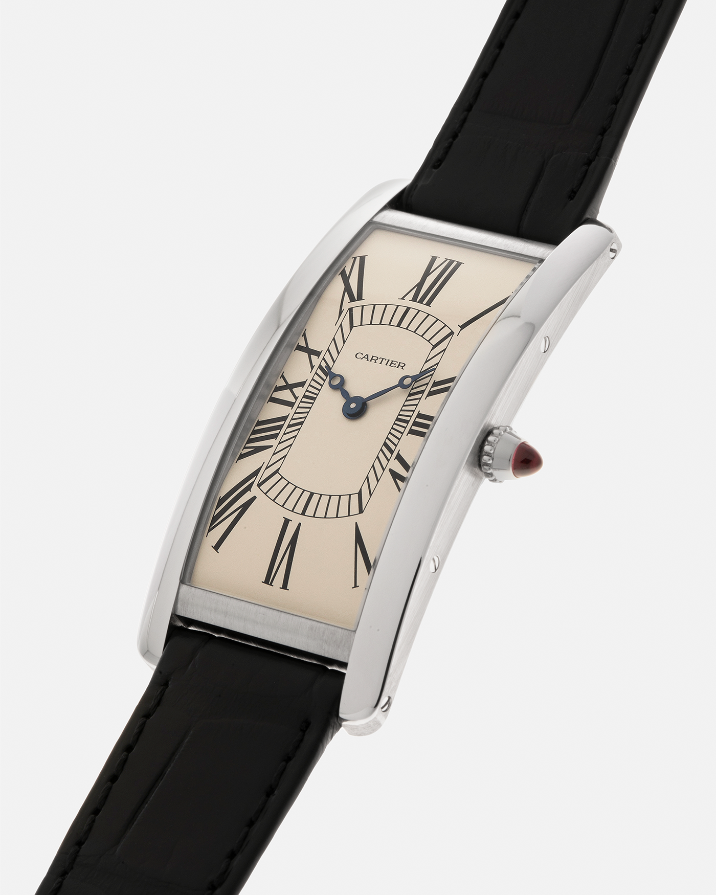 Brand: Cartier Year: 2024 Model: Tank Cintrée Les Rééditions, Limited to 150 Pieces Reference: WGTA0193 Material: Platinum 950  Movement: Cartier Cal. 9780 MC (Jaeger LeCoultre Cal. 849), Manual-Winding Case Dimensions: 46mm (Including Lugs) x 23 mm Lug Width: 16mm Strap: Cartier Black Alligator Leather Strap with Signed Platinum 950 Tang Buckle