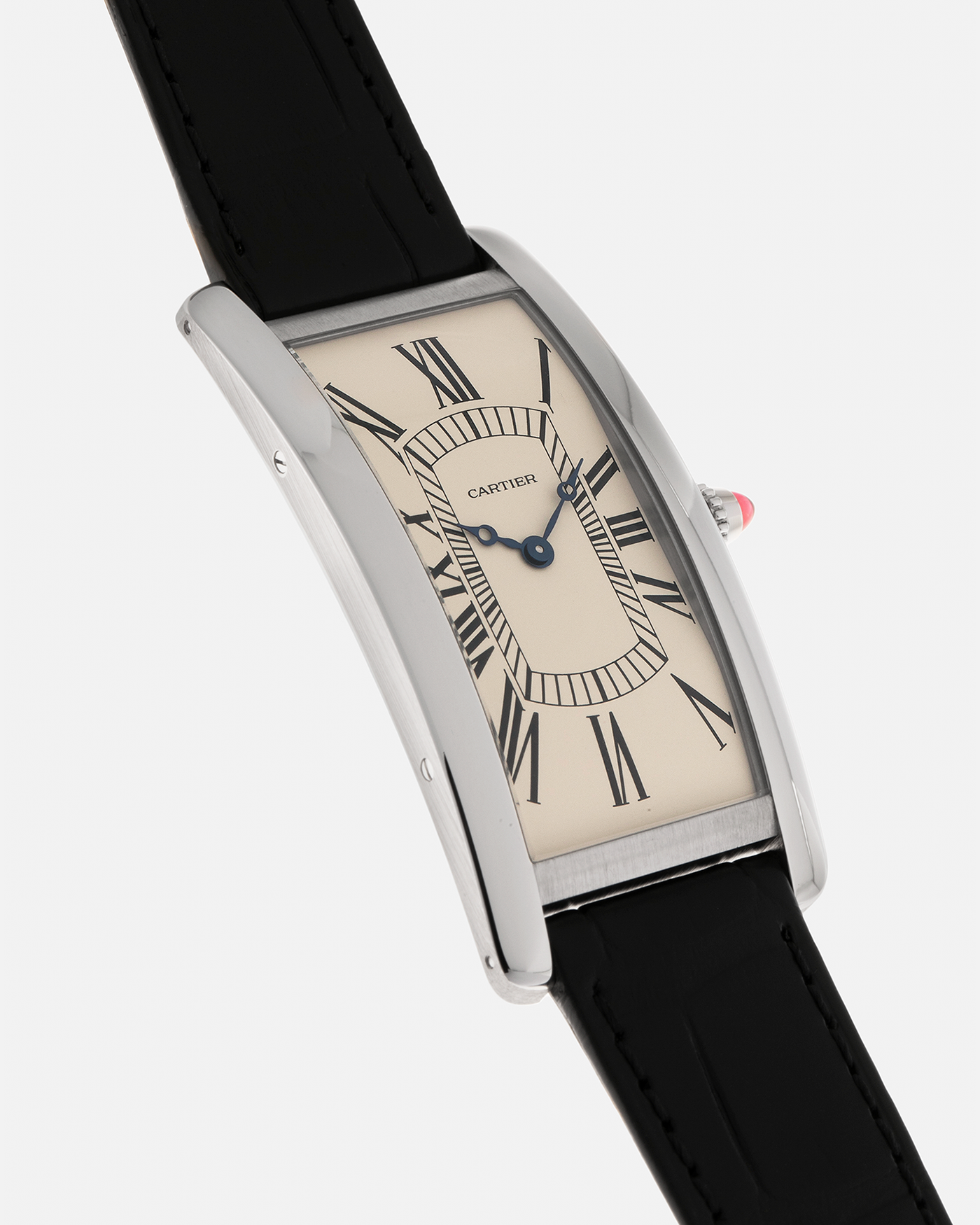 Brand: Cartier Year: 2024 Model: Tank Cintrée Les Rééditions, Limited to 150 Pieces Reference: WGTA0193 Material: Platinum 950  Movement: Cartier Cal. 9780 MC (Jaeger LeCoultre Cal. 849), Manual-Winding Case Dimensions: 46mm (Including Lugs) x 23 mm Lug Width: 16mm Strap: Cartier Black Alligator Leather Strap with Signed Platinum 950 Tang Buckle