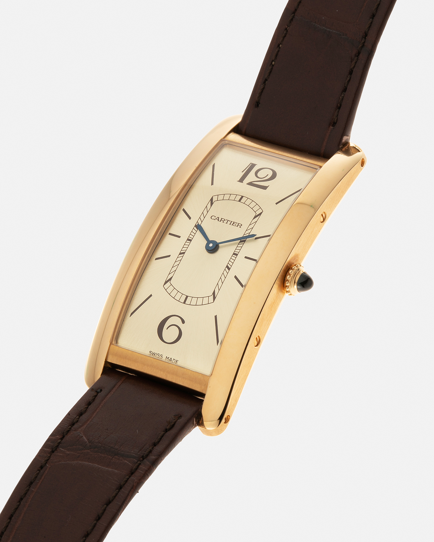 Brand: Cartier Year: 2022 Model: Tank Cintrée Reference: WGTA0026 Material: 18-carat Yellow Gold Movement: Cartier Cal. 8971 MC (Based on JLC Cal. 846), Manual-Winding Case Diameter: 46.3mm x 23 mm Lug Width: 16mm Strap: Cartier Semi-Matt Brown Alligator Leather Strap with Signed 18-carat Yellow Gold Tang Buckle