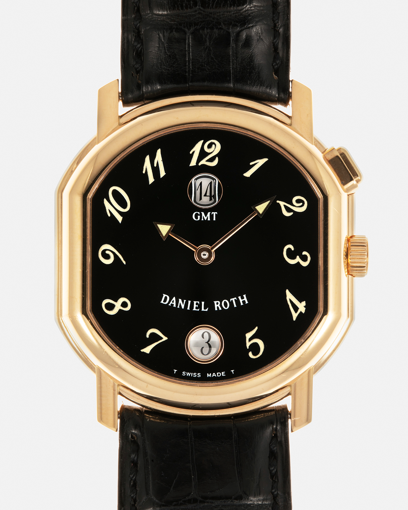 Brand: Daniel Roth
Year: 1990s
Model: GMT
Material: 18-carat Yellow Gold
Movement: Heavily-Modified Girard Perregaux Cal. GP3100, Self-Winding
Case Diameter: 35mm x 38mm (Lug-to-Lug 41mm)
Lug Width: 19mm
Strap: Cellini Black Alligator Leather Strap with Signed 18-carat Yellow Gold Tang Buckle
