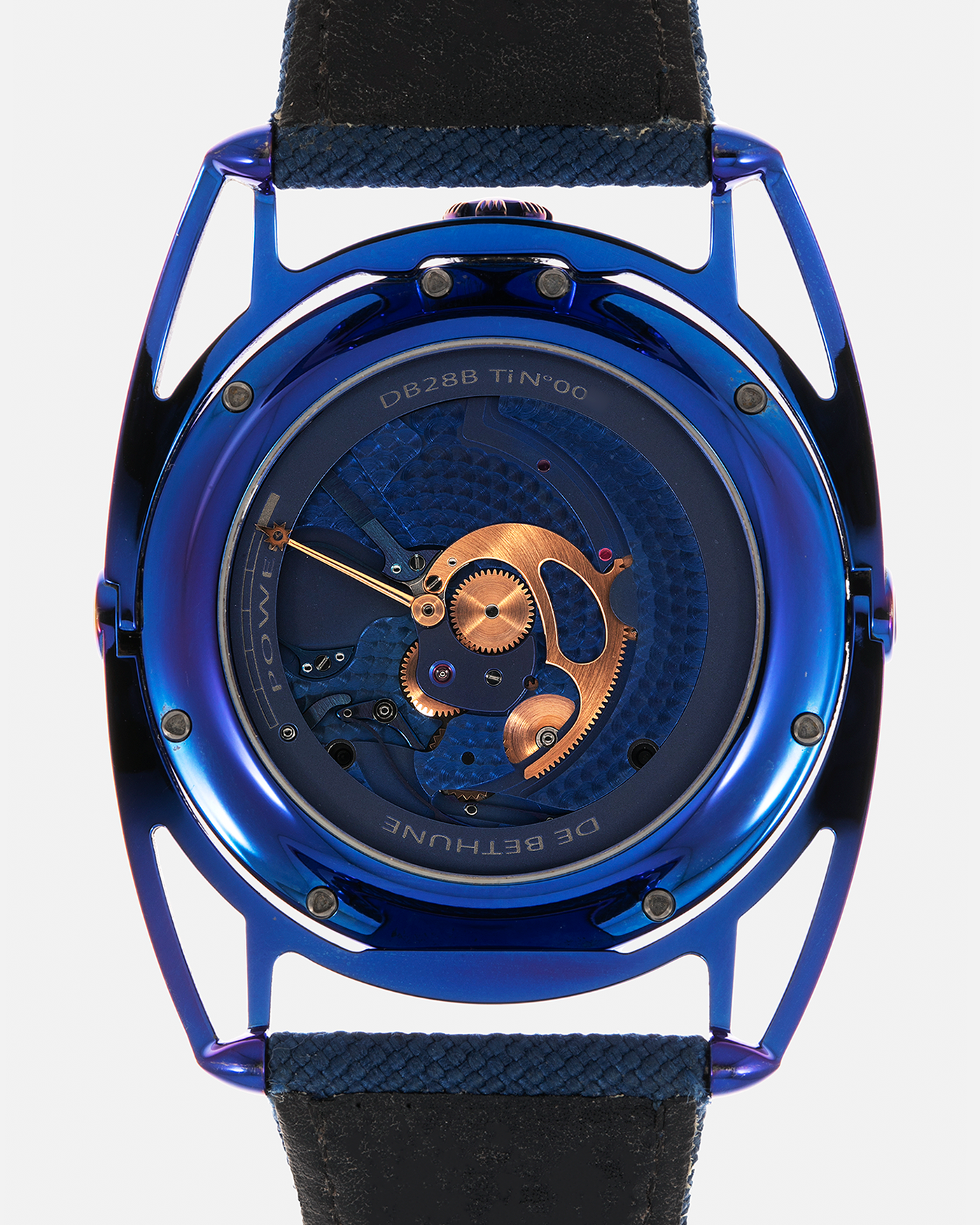 Brand: De Bethune
Year: 2019
Model: DB28 ‘Kind of Blue’
Reference: DB28BTIBN
Case Material: Thermal-Blued Grade 5 Titanium
Movement: De Bethune Cal. DB2115, Manual-Winding
Case Dimensions: 43mm x 11.3mm (Lug-to-Lug 58.3mm)
Strap: De Bethune Dark Blue Textile Strap with Signed Thermally-Blued Titanium Tang Buckle with Gold Pin