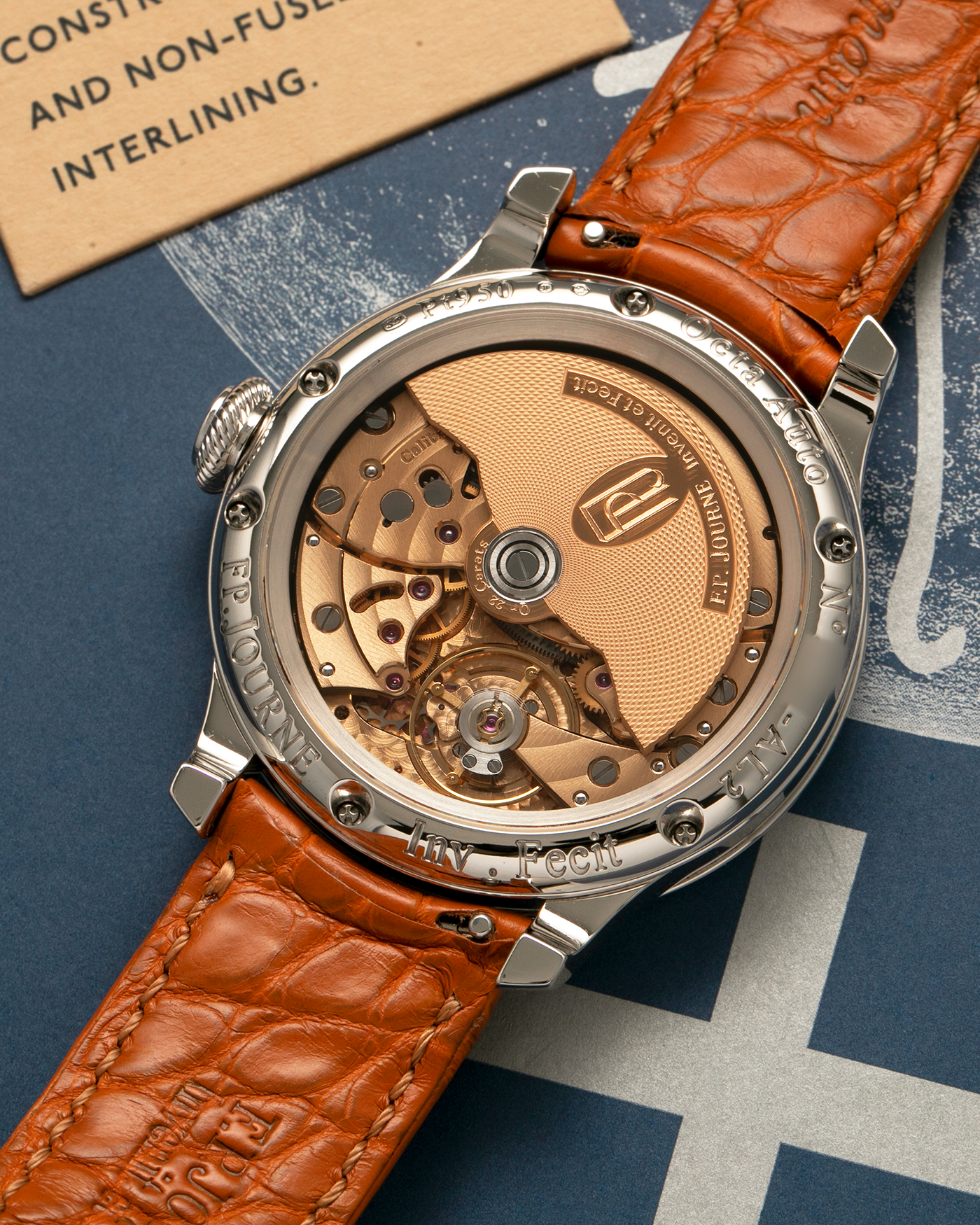 Brand: F.P. Journe
Year: 2023
Model: Octa Automatique Lune Havana
Reference: AL2
Material: Platinum 950 Case, 18-carat Rose Gold Movement (Bridges and Plate), 22-carat Rose Gold Rotor
Movement: F.P. Journe Cal. 1300.3, Self-Winding
Case Dimensions: 42mm x 10.6mm (48mm Lug-to-Lug)
Lug Width: 20mm
Strap: F.P. Journe Tanned Brown Alligator Leather Strap and Signed Platinum 950 Tang Buckle