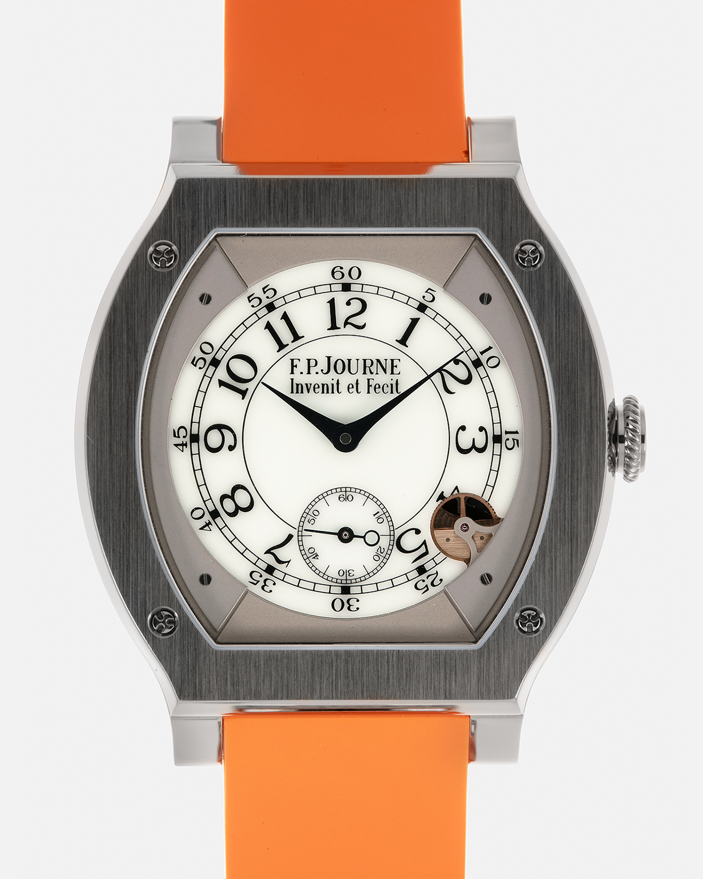 Brand: F.P. Journe
Year: 2021
Model: Elegante 48
Reference: ELHT
Material: Titanium
Movement: F.P. Journe Cal. 1210, Electromechanical Quartz
Case Dimensions: 48mm (Including Lugs) x 40mm x 7.95mm
Lug Width: 18mm
Strap: F.P. Journe Orange Sillicon Rubber Strap with Signed Titanium Tang Buckle