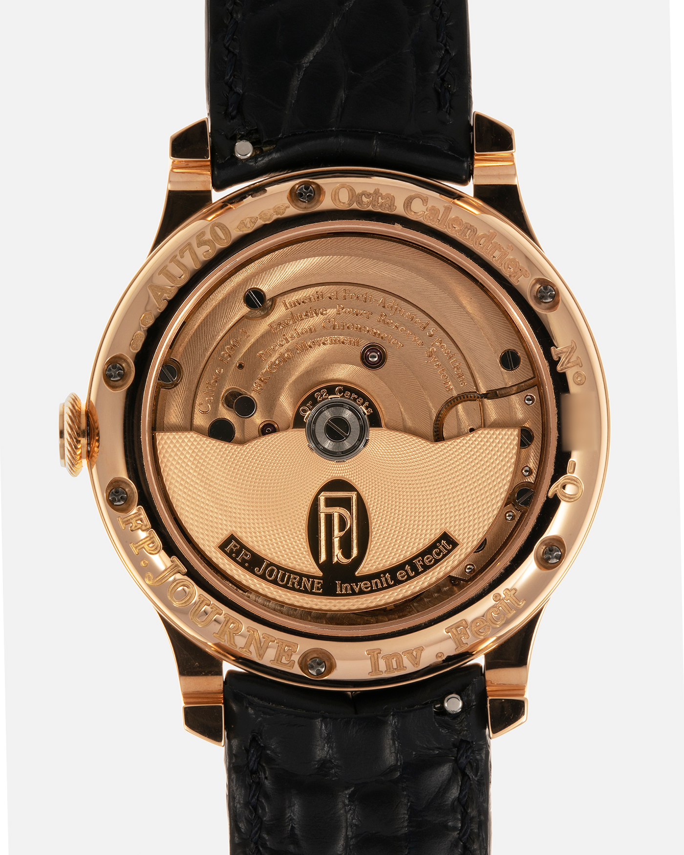 Brand: F.P. Journe
Year: 2006
Model: Octa Calendrier
Material: 18-carat Red Gold
Movement: F.P. Journe Cal. 1300-2, Self-Winding
Case Dimensions: 40mm x 10.6mm (Lug-to-Lug 48mm)
Lug Width: 20mm
Strap: F.P. Journe Dark Navy Blue Alligator Leather Strap and Signed 18-carat Red Gold Tang Buckle