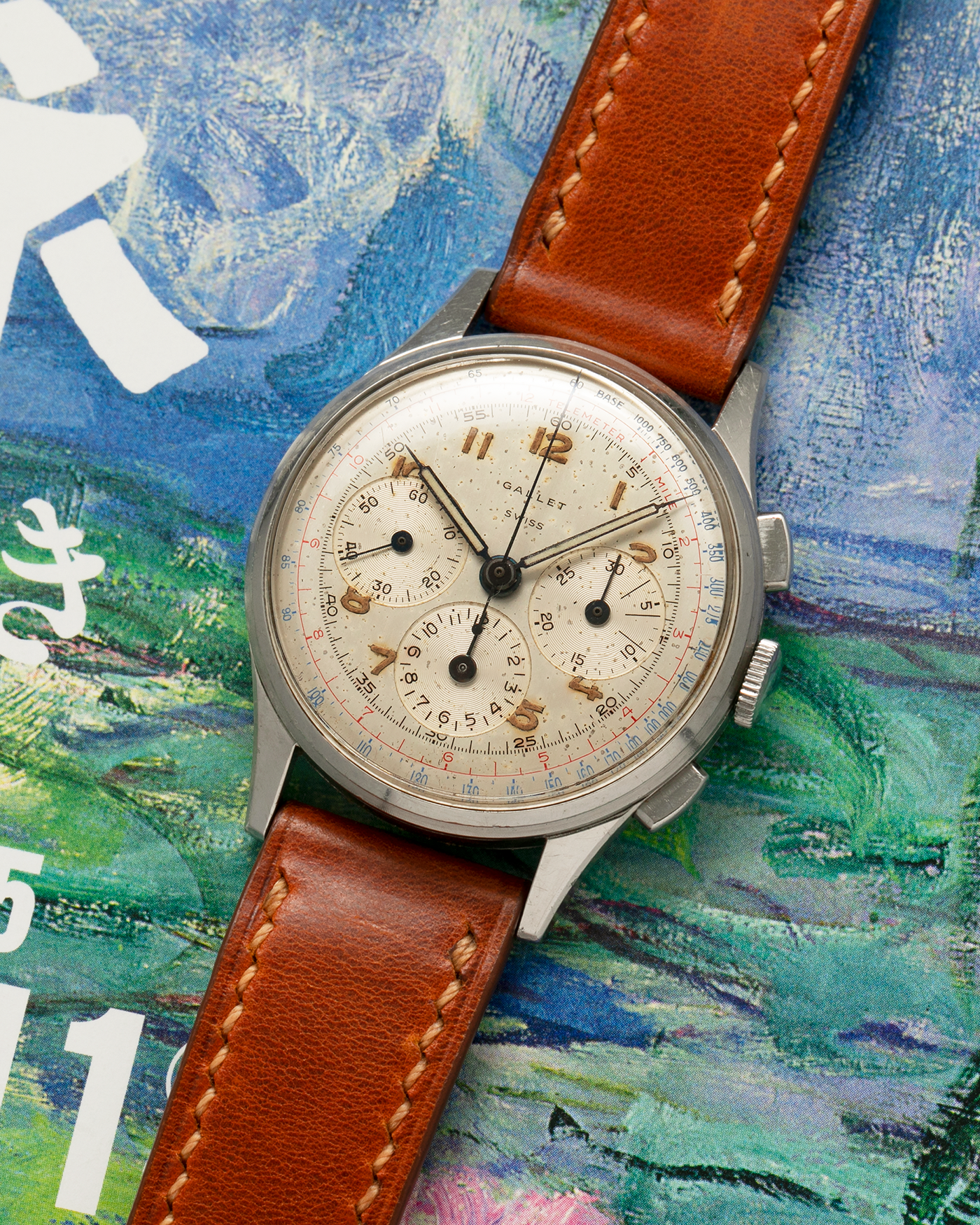 Brand: Gallet
Year: 1960’s
Model: Mutichron 12 EP40 Chronograph
Material: Stainless Steel
Movement: Excelsior Park 40, Manual-Winding
Case Diameter: 37mm
Lug Width: 20mm
Strap: Generic Brown Calf Leather Strap