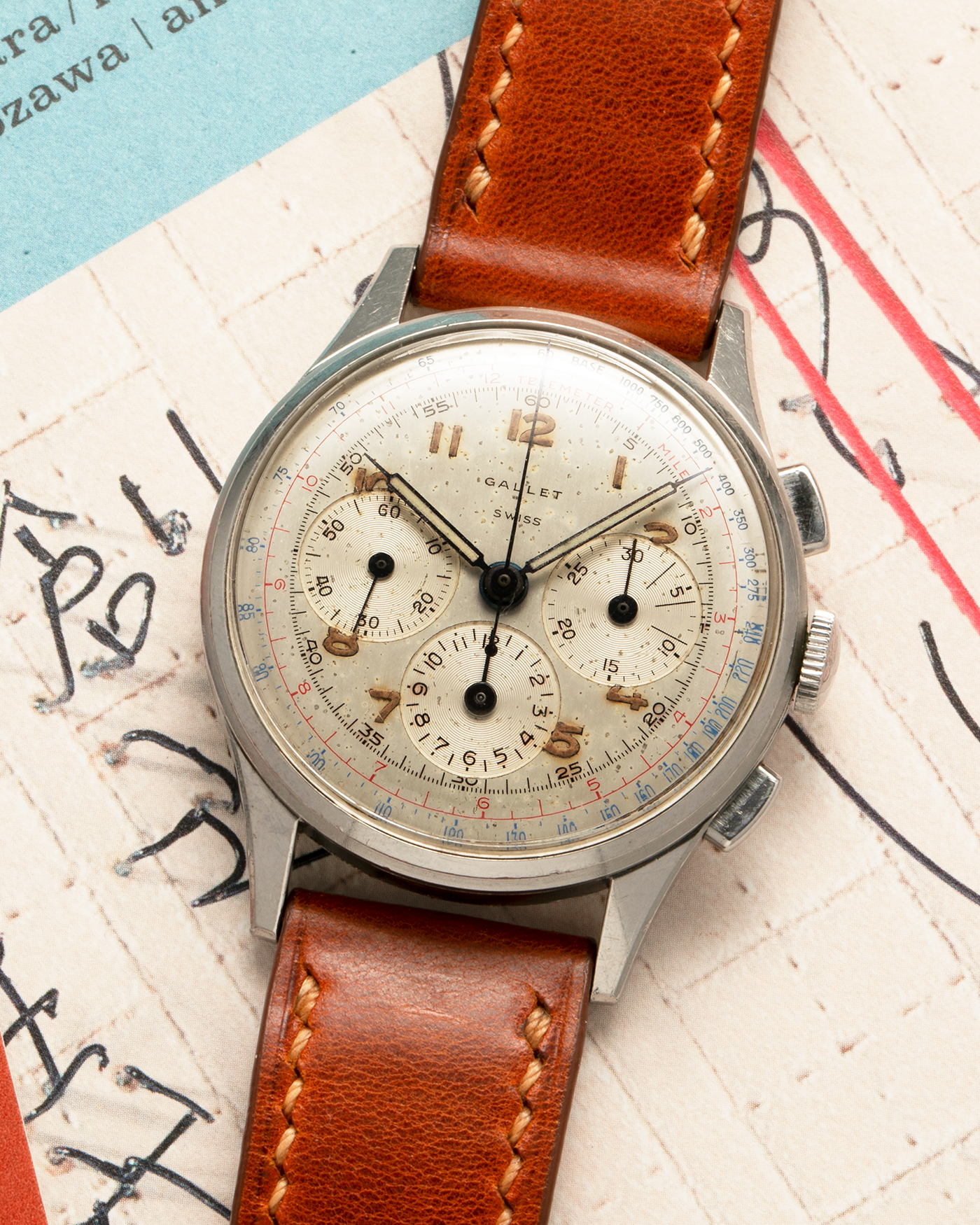 Brand: Gallet
Year: 1960’s
Model: Mutichron 12 EP40 Chronograph
Material: Stainless Steel
Movement: Excelsior Park 40, Manual-Winding
Case Diameter: 37mm
Lug Width: 20mm
Strap: Generic Brown Calf Leather Strap