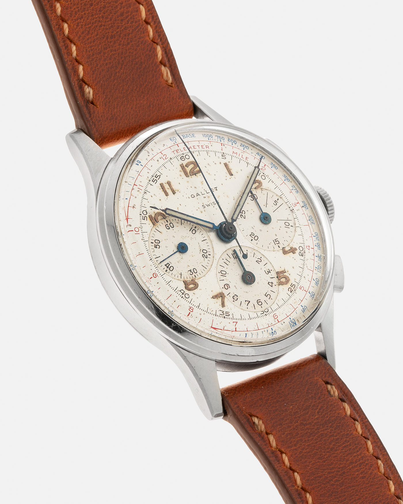 Brand: Gallet
Year: 1960’s
Model: Mutichron 12 EP40 Chronograph
Material: Stainless Steel
Movement: Excelsior Park 40, Manual-Winding
Case Diameter: 37mm
Lug Width: 20mm
Strap: Generic Brown Calf Leather Strap