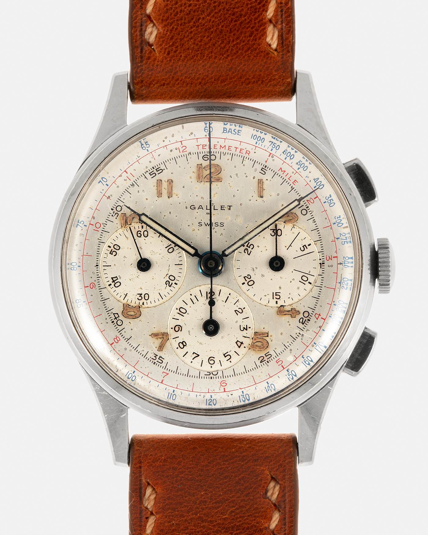 Brand: Gallet
Year: 1960’s
Model: Mutichron 12 EP40 Chronograph
Material: Stainless Steel
Movement: Excelsior Park 40, Manual-Winding
Case Diameter: 37mm
Lug Width: 20mm
Strap: Generic Brown Calf Leather Strap