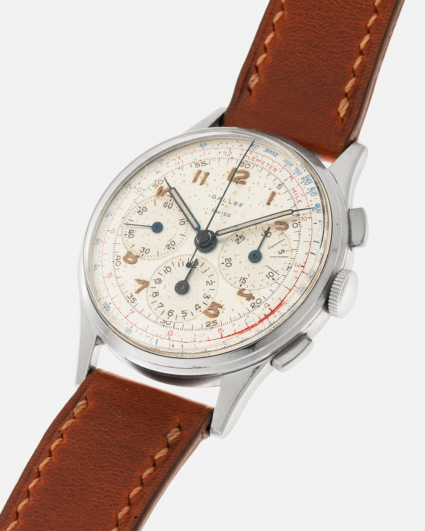 Brand: Gallet
Year: 1960’s
Model: Mutichron 12 EP40 Chronograph
Material: Stainless Steel
Movement: Excelsior Park 40, Manual-Winding
Case Diameter: 37mm
Lug Width: 20mm
Strap: Generic Brown Calf Leather Strap